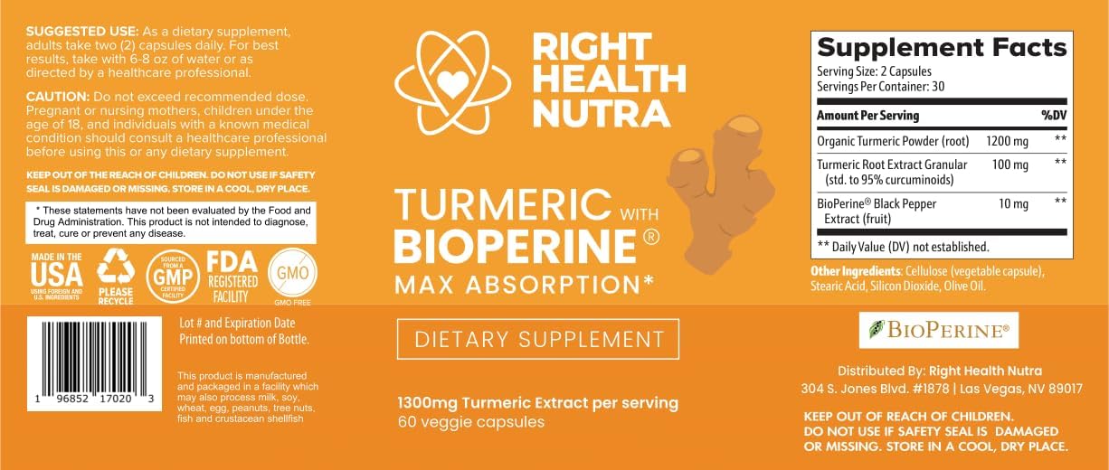 Turmeric and Black Pepper Extract Capsules for Stronger Joints and Natural Energy Support - Up to 2000% Faster Absorption - Enhanced Memory - 60 Count