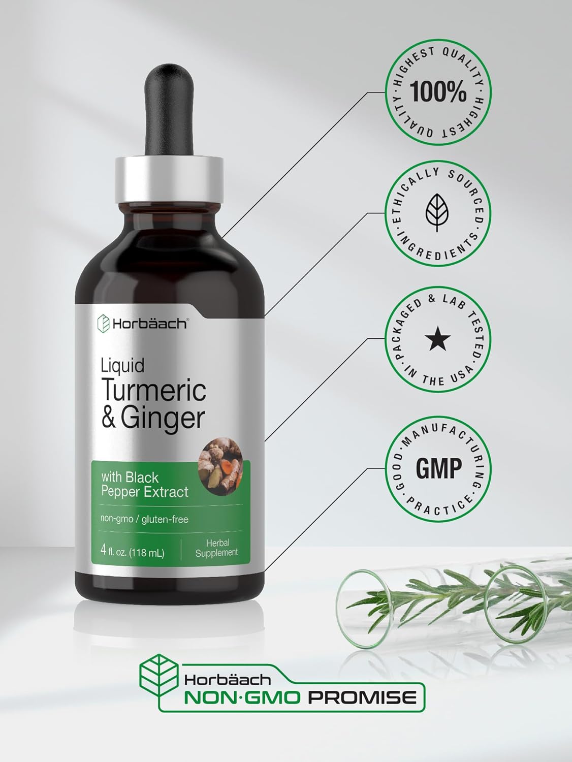 Turmeric and Ginger Herbal Liquid Extract with Black Pepper - Vegan, Non-GMO, Gluten Free - 4 fl oz