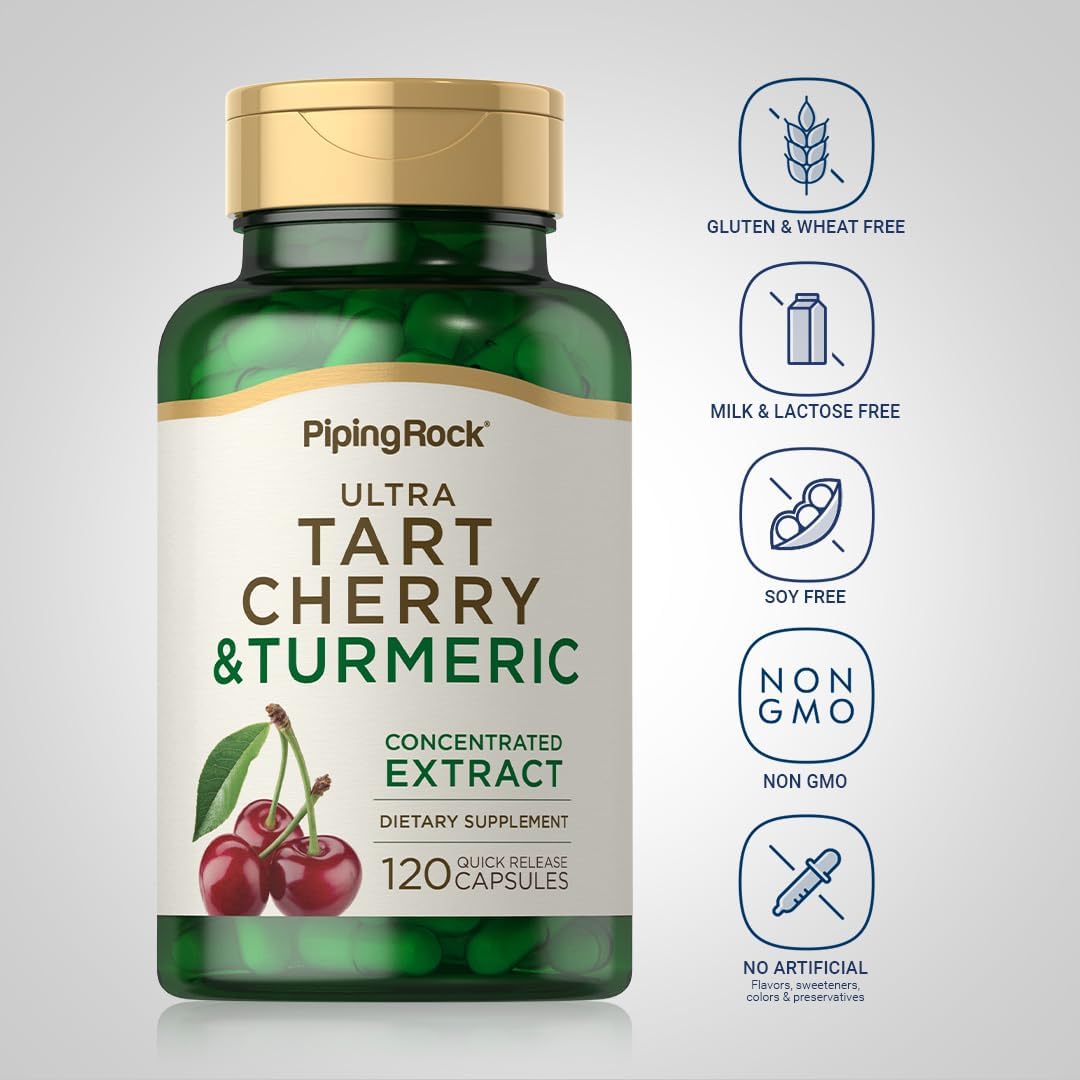Turmeric and Tart Cherry Capsules with Black Pepper Extract - 120 Count | Vegetarian, Non-GMO, Gluten Free Supplement
