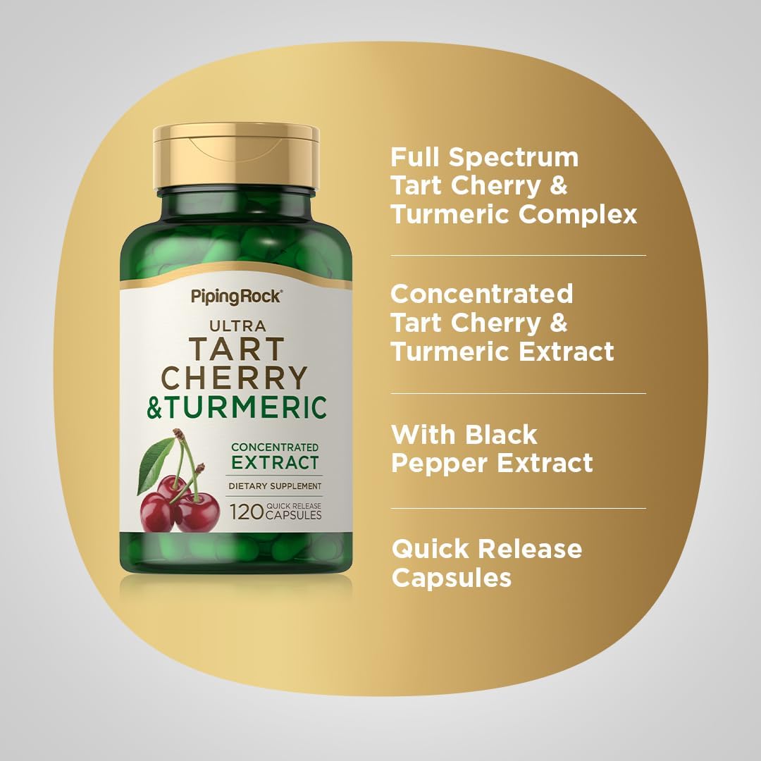 Turmeric and Tart Cherry Capsules with Black Pepper Extract - 120 Count | Vegetarian, Non-GMO, Gluten Free Supplement