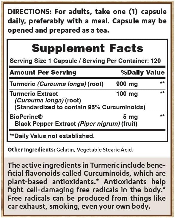 Turmeric Curcumin 1000mg Capsules with BioPerine, 120 Count - 95% Curcuminoids, Gluten Free, Antioxidant & Joint Support