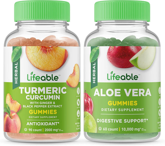 Turmeric Curcumin and Aloe Vera Gummies Bundle - Tasty Vitamin Supplement, Gluten-Free, GMO-Free Chewables