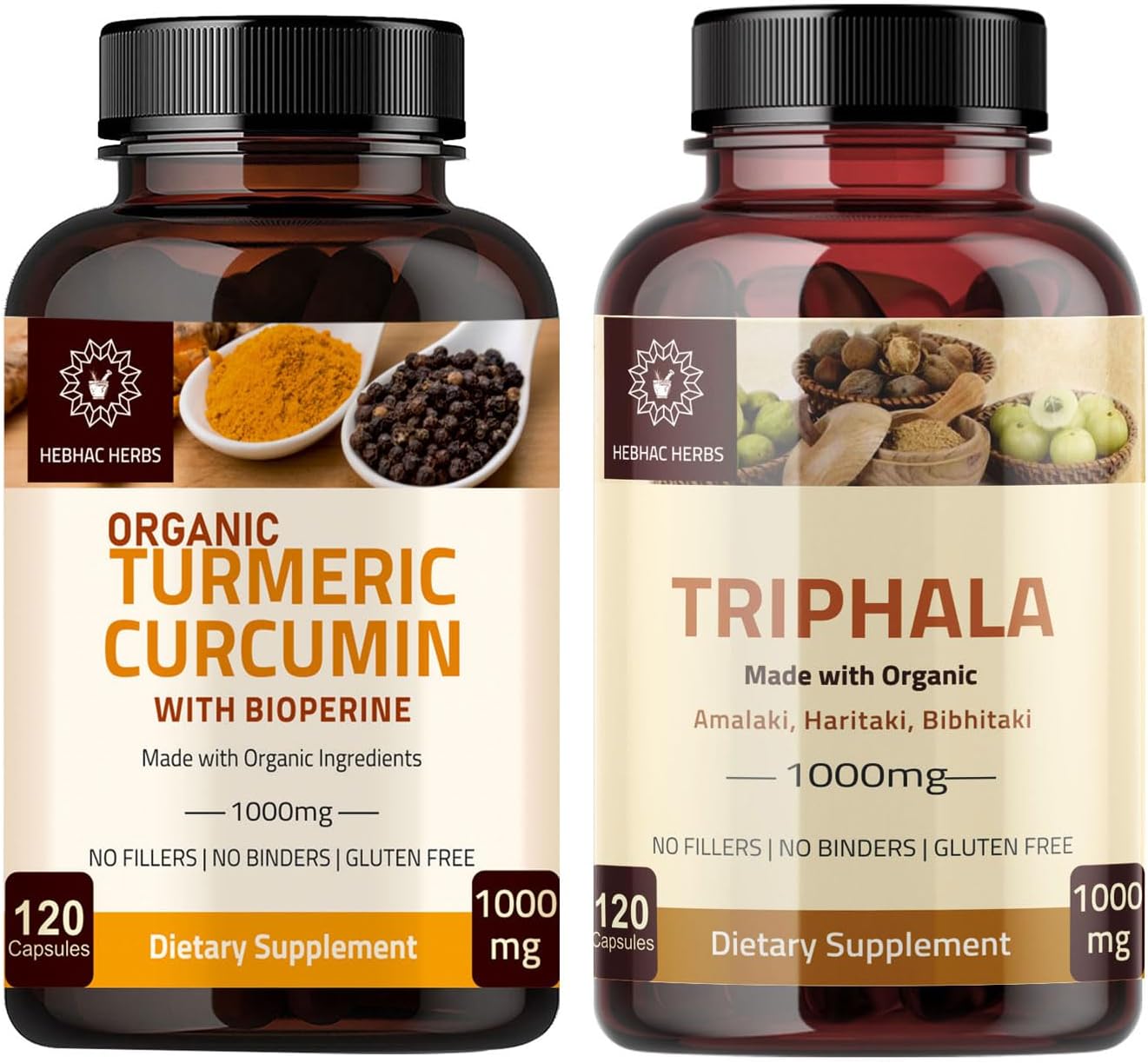 Turmeric Curcumin and Triphala Capsules by Hebhac Herbs for Digestive Health and Inflammation Support