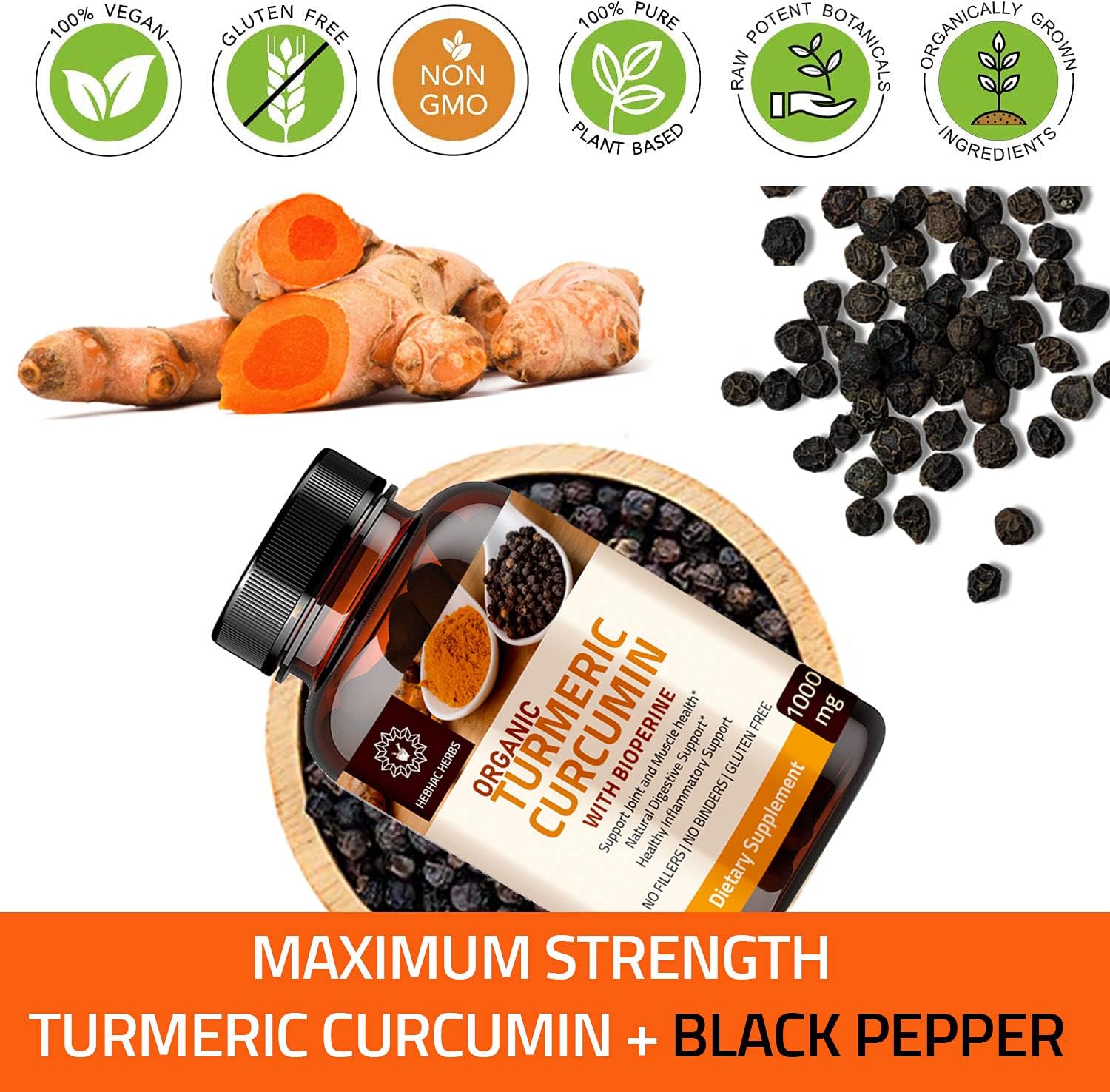 Turmeric Curcumin and Triphala Capsules by Hebhac Herbs for Digestive Health and Inflammation Support