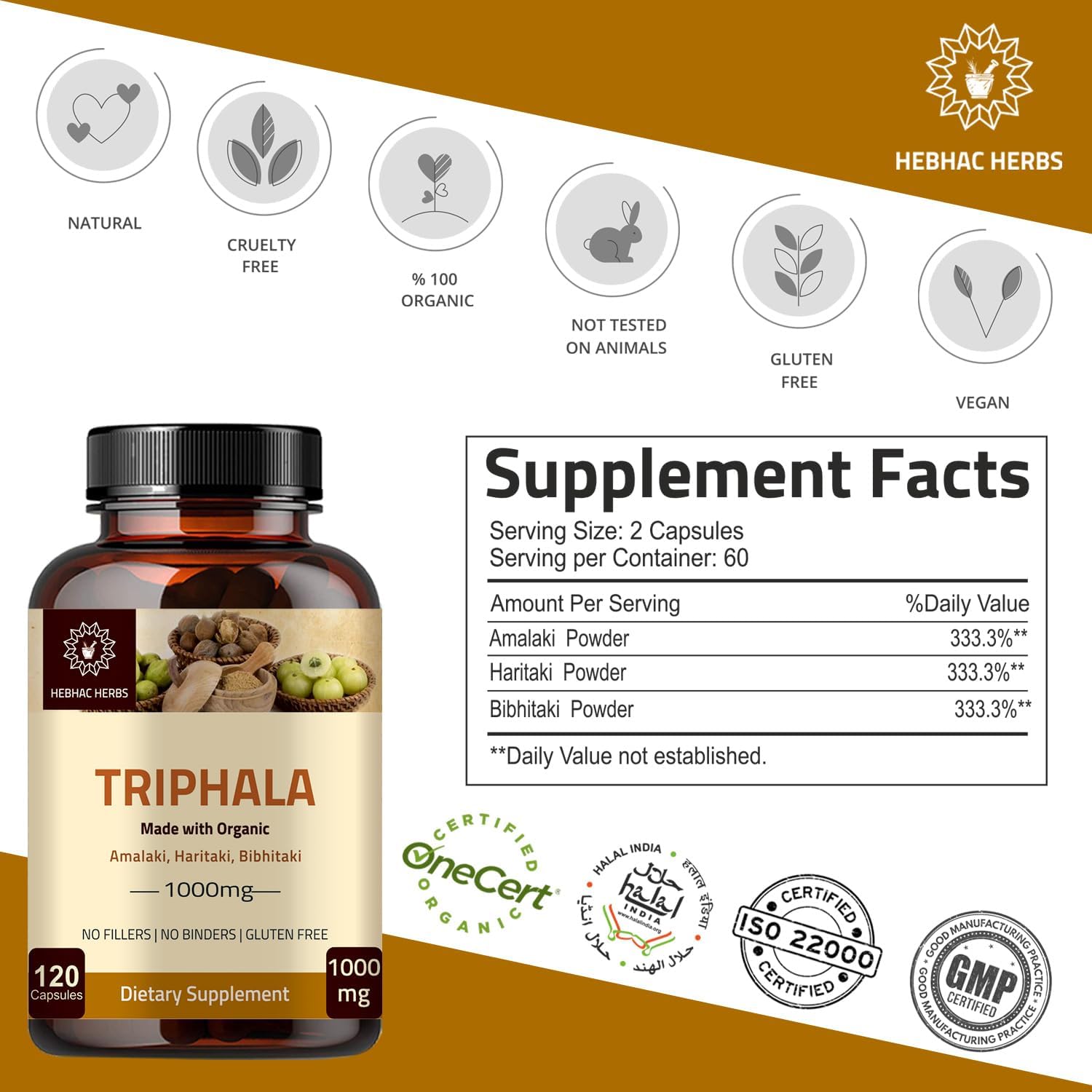 Turmeric Curcumin and Triphala Capsules by Hebhac Herbs for Digestive Health and Inflammation Support