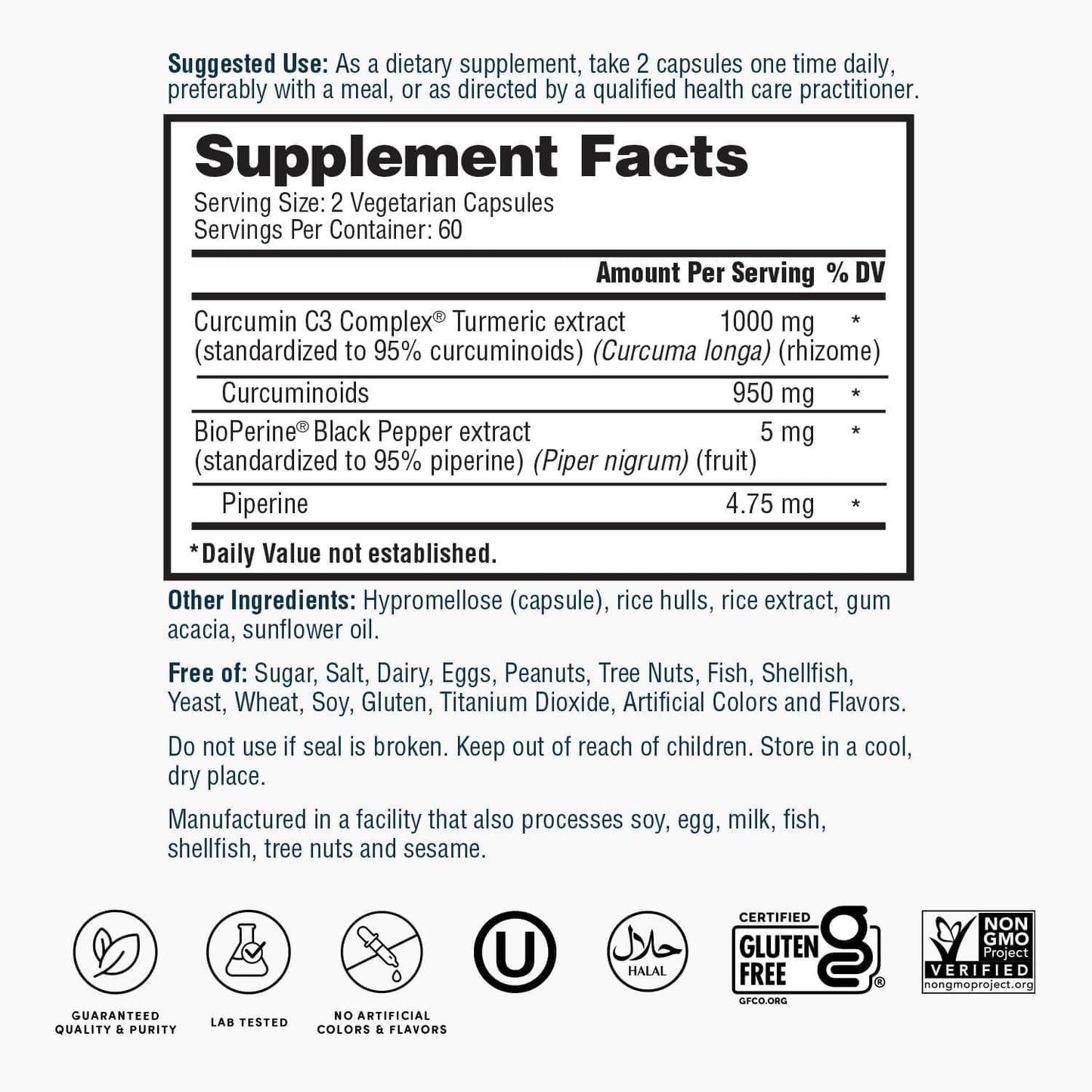 Turmeric Curcumin C3 Complex 1000mg with BioPerine - High Potency Turmeric Extract for Cardiovascular, Immune, Joint, and Skin Health - 120 Capsules