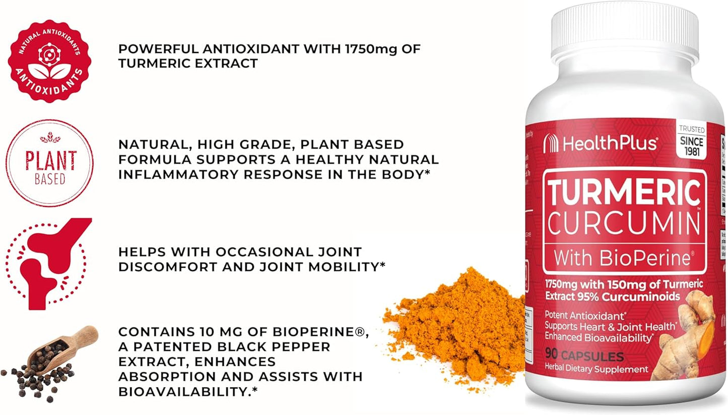 Turmeric Curcumin Capsules - 90 Capsules, 30 Servings - Health Plus Formula