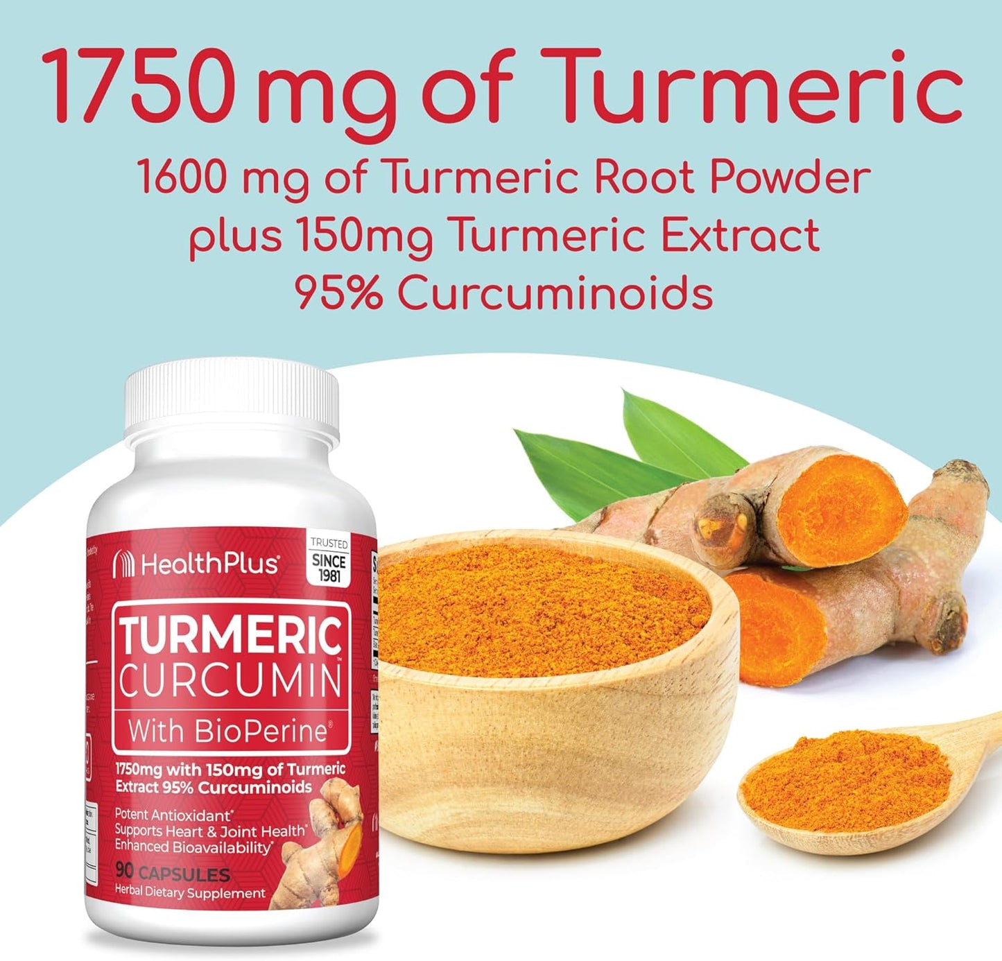 Turmeric Curcumin Capsules - 90 Capsules, 30 Servings - Health Plus Formula