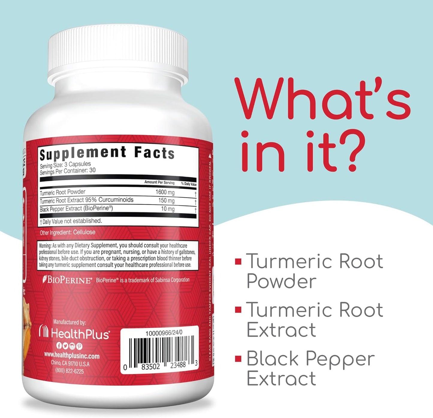 Turmeric Curcumin Capsules - 90 Capsules, 30 Servings - Health Plus Formula