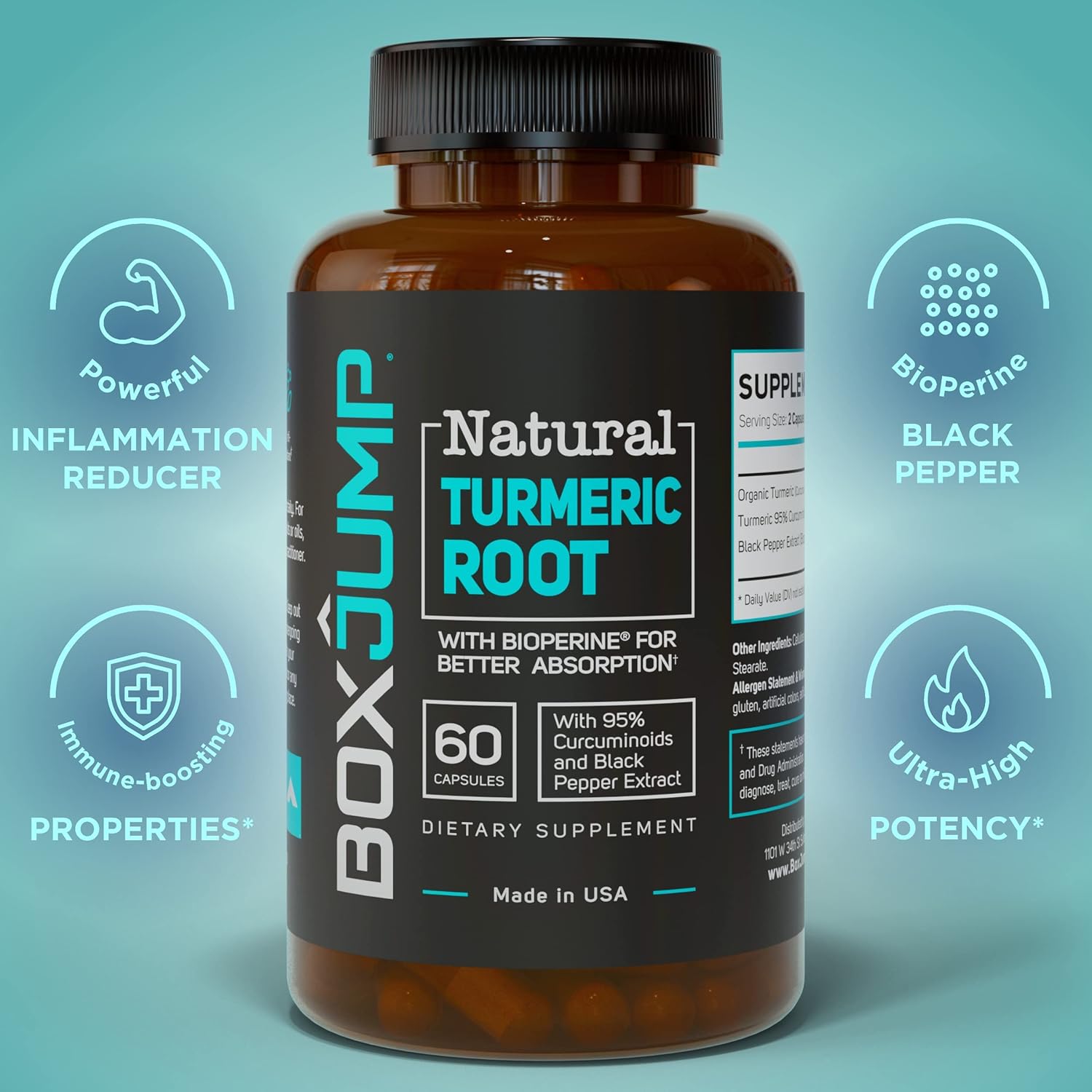 Turmeric Curcumin Capsules with Black Pepper Extract - 1200mg Strength for Joint Health - Vegan Supplement with BioPerine - 60 Capsules