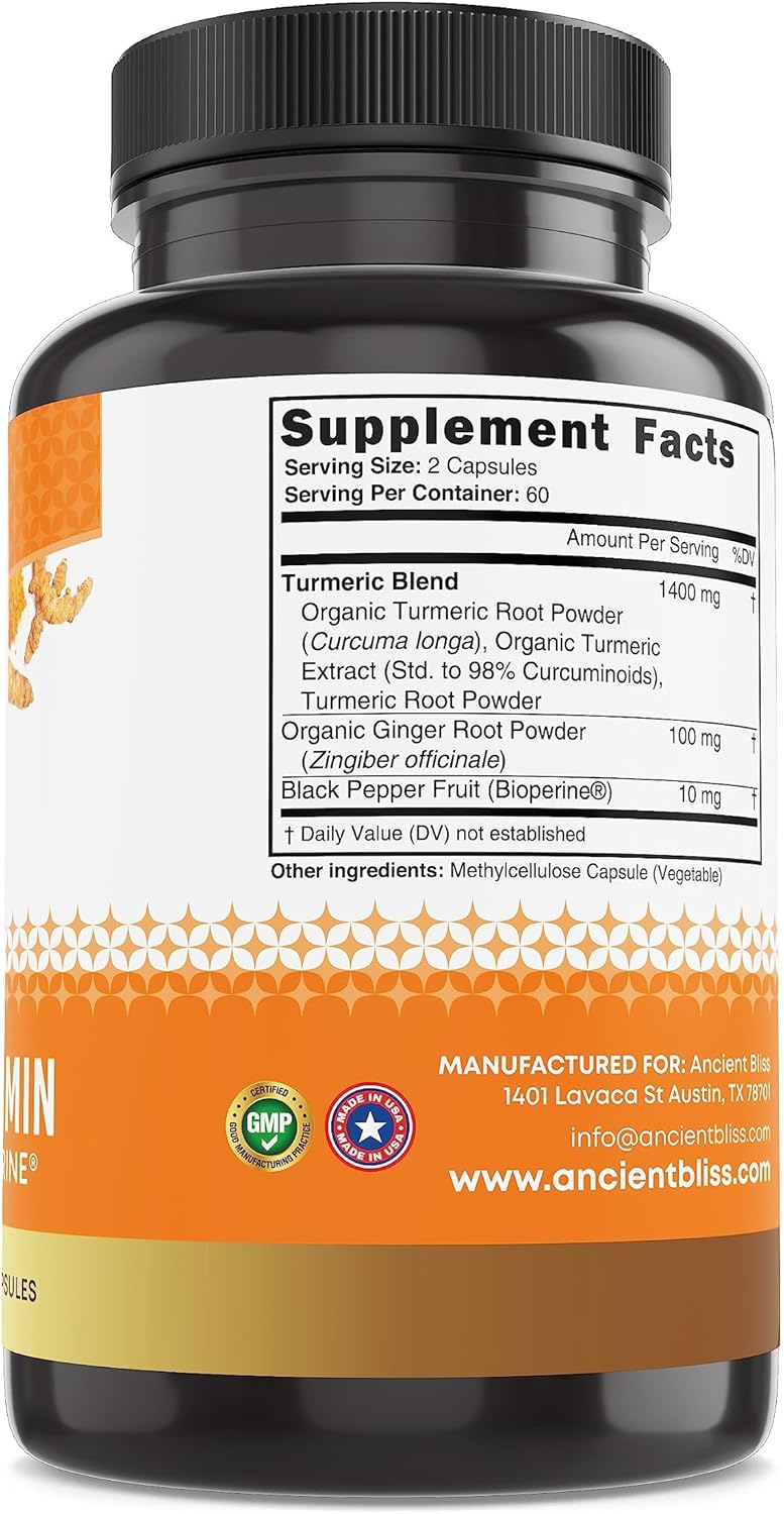Turmeric Curcumin Capsules with Ginger, Bioperine & Black Pepper - 120ct by Ancient Bliss
