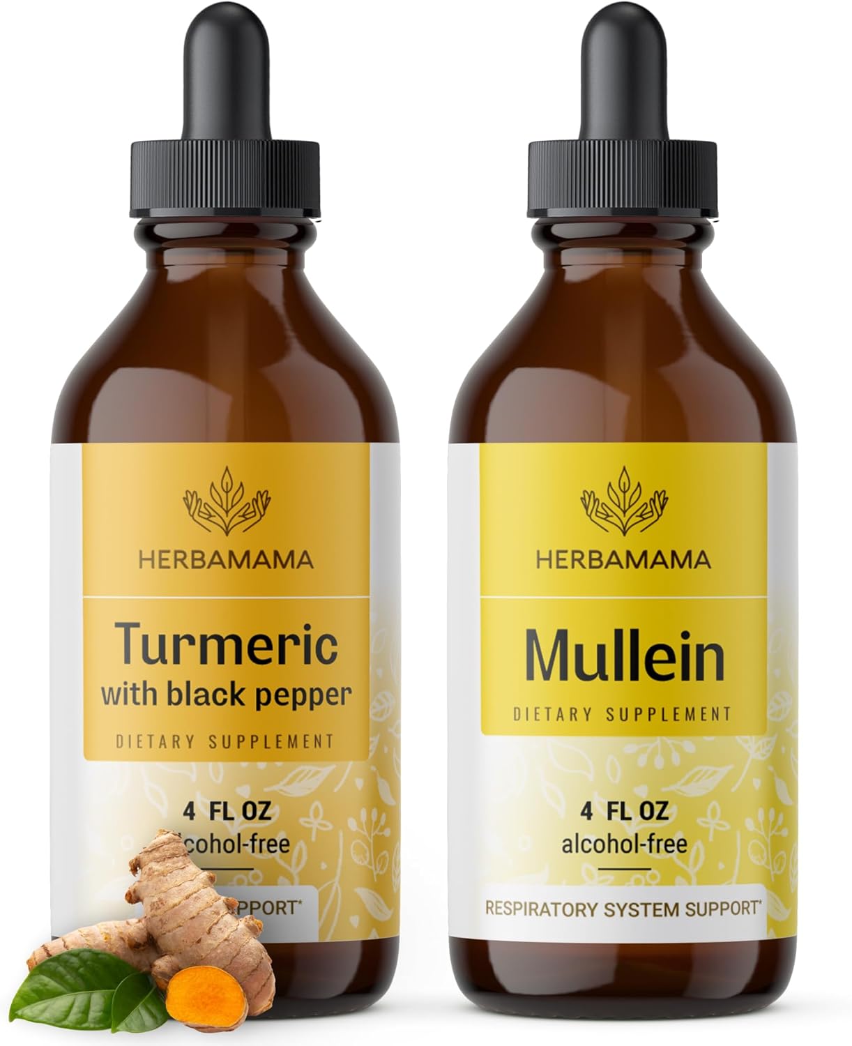 Turmeric Curcumin Extract and Mullein Leaf Tincture Liquid Drops Bundle - Vegan, Non-GMO, Sugar & Alcohol-Free - HERBAMAMA 2 Pack
