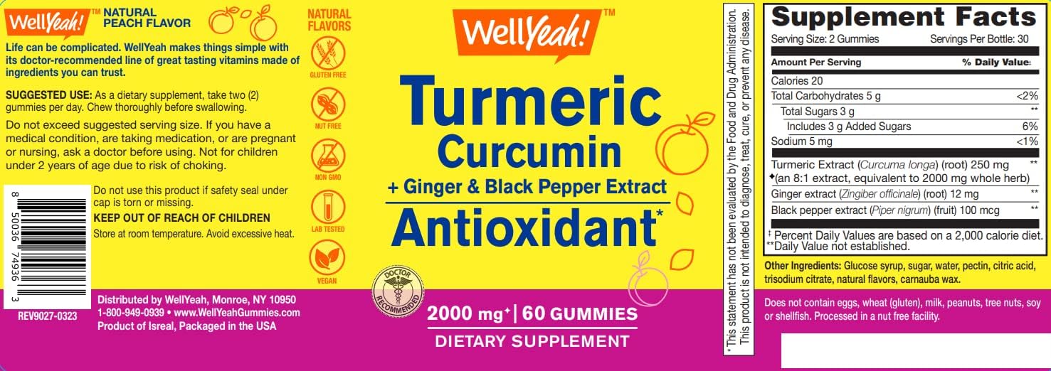 Turmeric Curcumin Gummies with Black Pepper - Antioxidant and Digestive Support - Skin Health, Immune Function - Vegan, Non-GMO - 60 Count