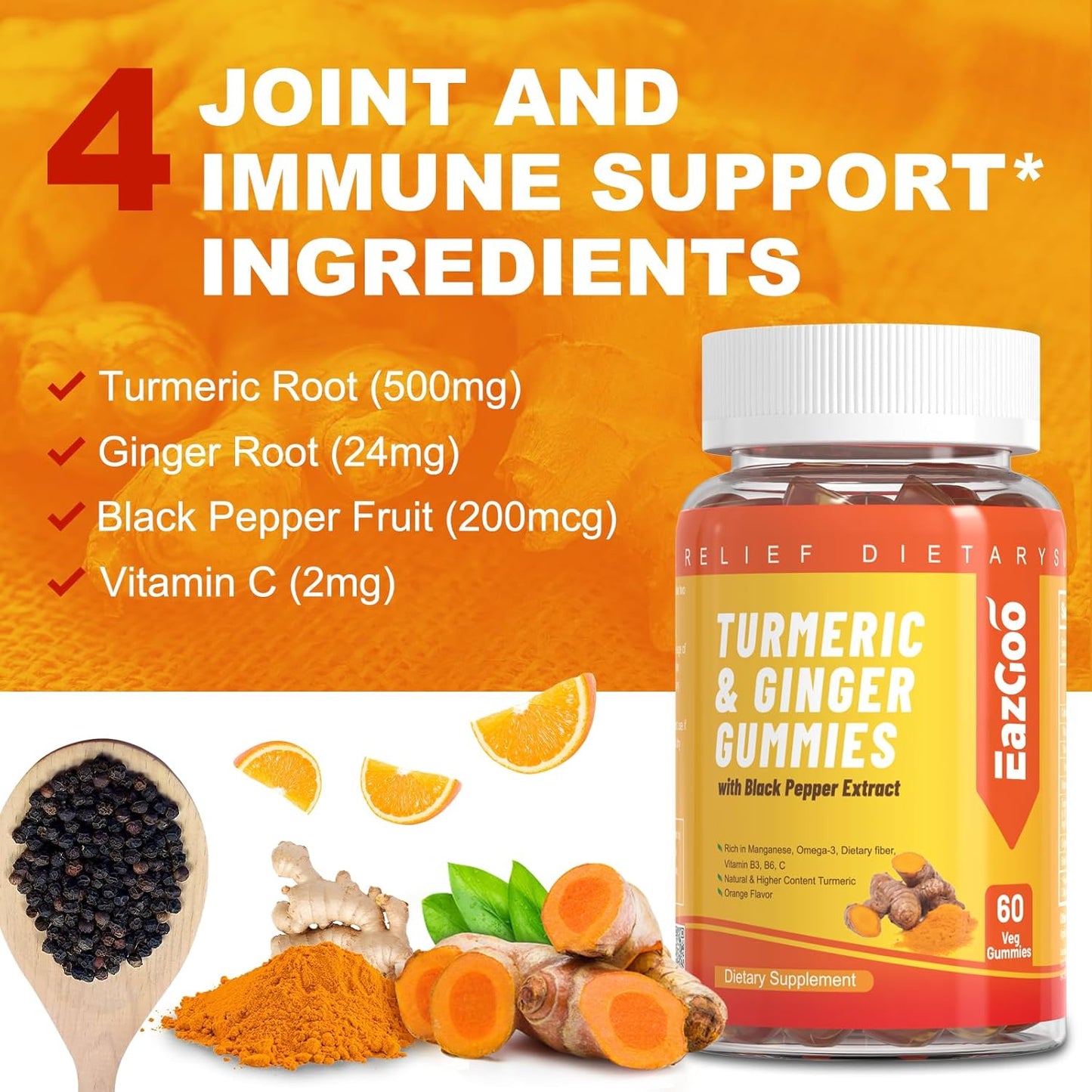 Turmeric Curcumin Gummies with Black Pepper & Ginger - 500mg, Vitamin C, Low Sugar Orange Gummies for Adults - 120 Count