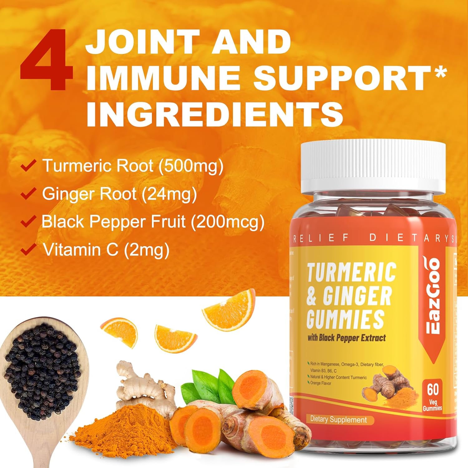 Turmeric Curcumin Gummies with Black Pepper & Ginger - 500mg, Vitamin C, Low Sugar Orange Gummies for Adults - 120 Count