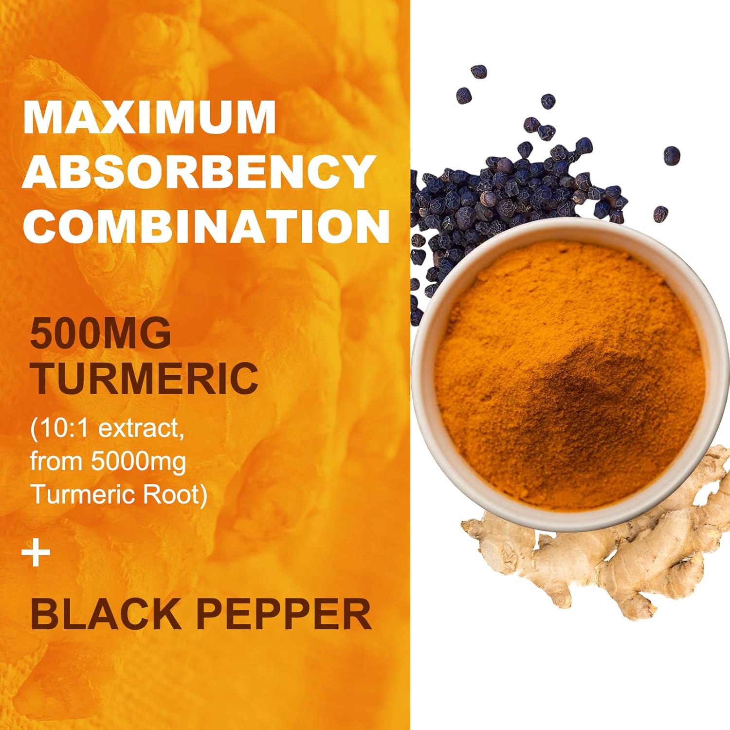 Turmeric Curcumin Gummies with Black Pepper & Ginger - 500mg, Vitamin C, Low Sugar Orange Gummies for Adults - 120 Count