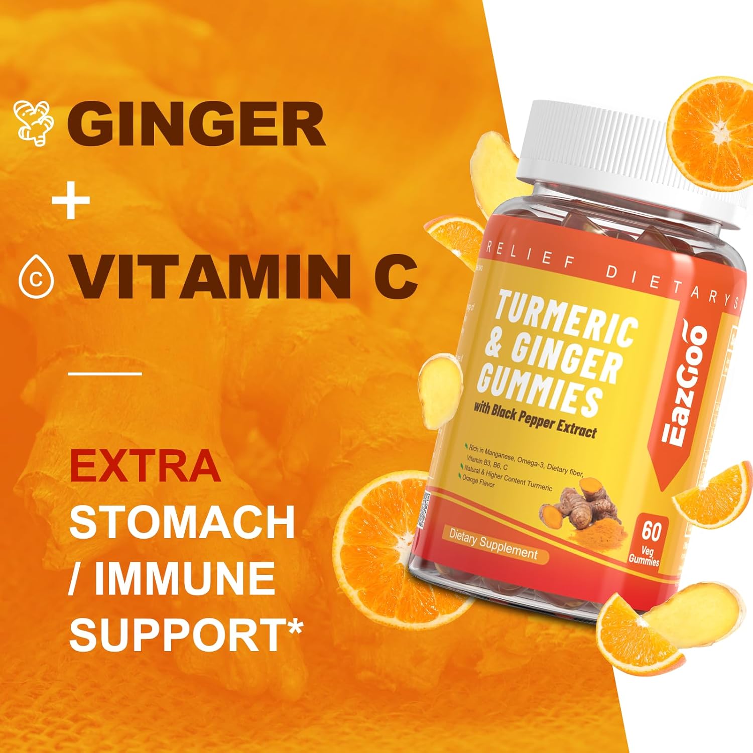 Turmeric Curcumin Gummies with Black Pepper & Ginger - 500mg, Vitamin C, Low Sugar Orange Gummies for Adults - 120 Count