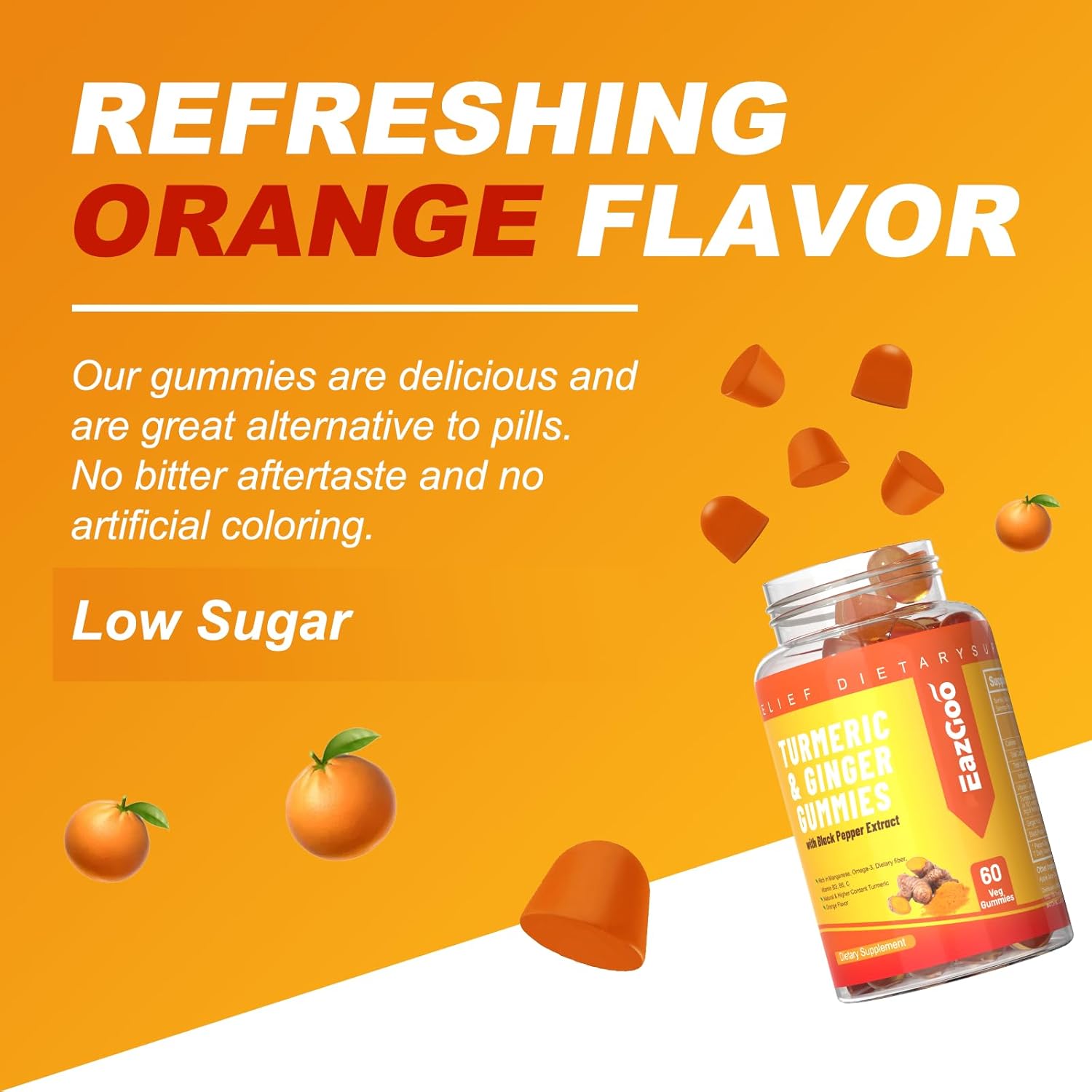 Turmeric Curcumin Gummies with Black Pepper & Ginger - 500mg, Vitamin C, Low Sugar Orange Gummies for Adults - 120 Count