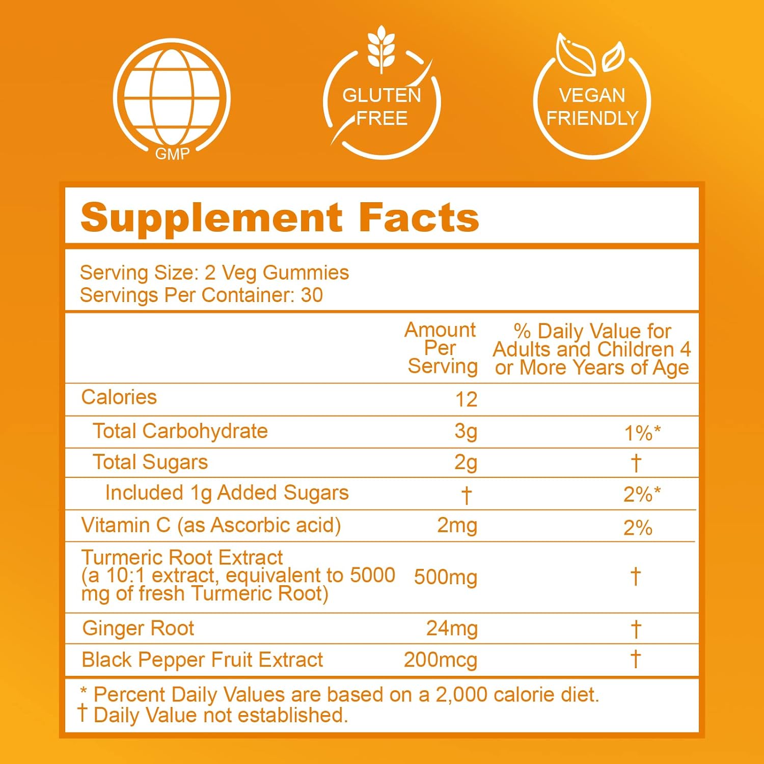 Turmeric Curcumin Gummies with Black Pepper & Ginger - 500mg, Vitamin C, Low Sugar Orange Gummies for Adults - 120 Count