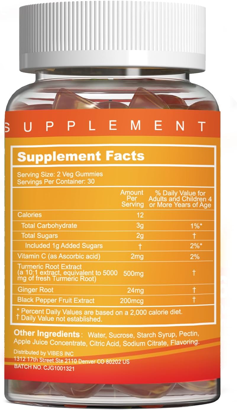 Turmeric Curcumin Gummies with Black Pepper & Ginger - 500mg, Vitamin C, Low Sugar Orange Gummies for Adults - 120 Count