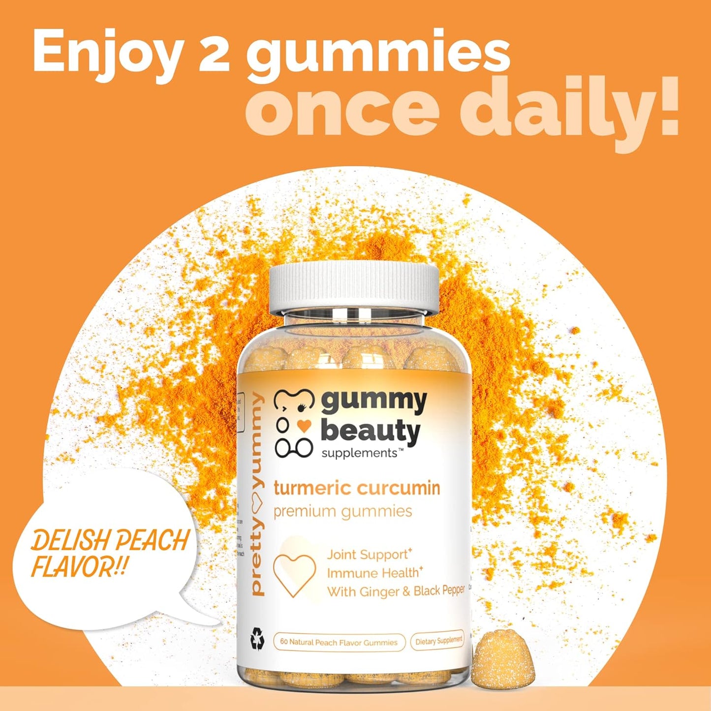 Turmeric Curcumin Gummies with Ginger & Black Pepper for Maximum Absorption - Peach Flavor, 60 Count, Cruelty-Free, Gluten-Free, Non-GMO