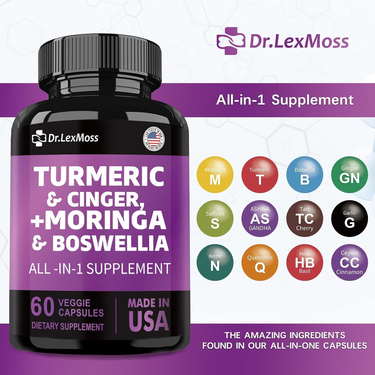 Turmeric Curcumin Joint Support Supplement with Ginger, Moringa, Boswellia, Saffron, Ceylon Cinnamon, Quercetin, and Tart Cherry - 60 Capsules