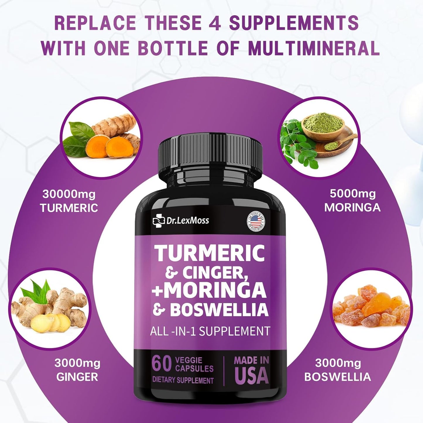 Turmeric Curcumin Joint Support Supplement with Ginger, Moringa, Boswellia, Saffron, Ceylon Cinnamon, Quercetin, and Tart Cherry - 60 Capsules