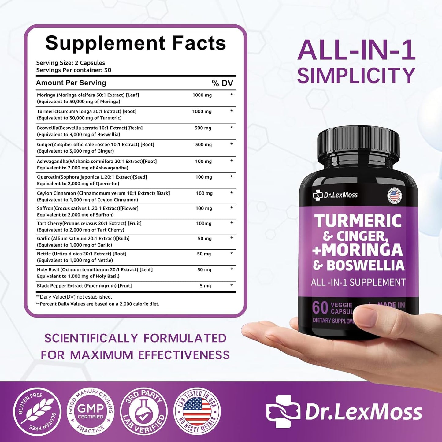 Turmeric Curcumin Joint Support Supplement with Ginger, Moringa, Boswellia, Saffron, Ceylon Cinnamon, Quercetin, and Tart Cherry - 60 Capsules
