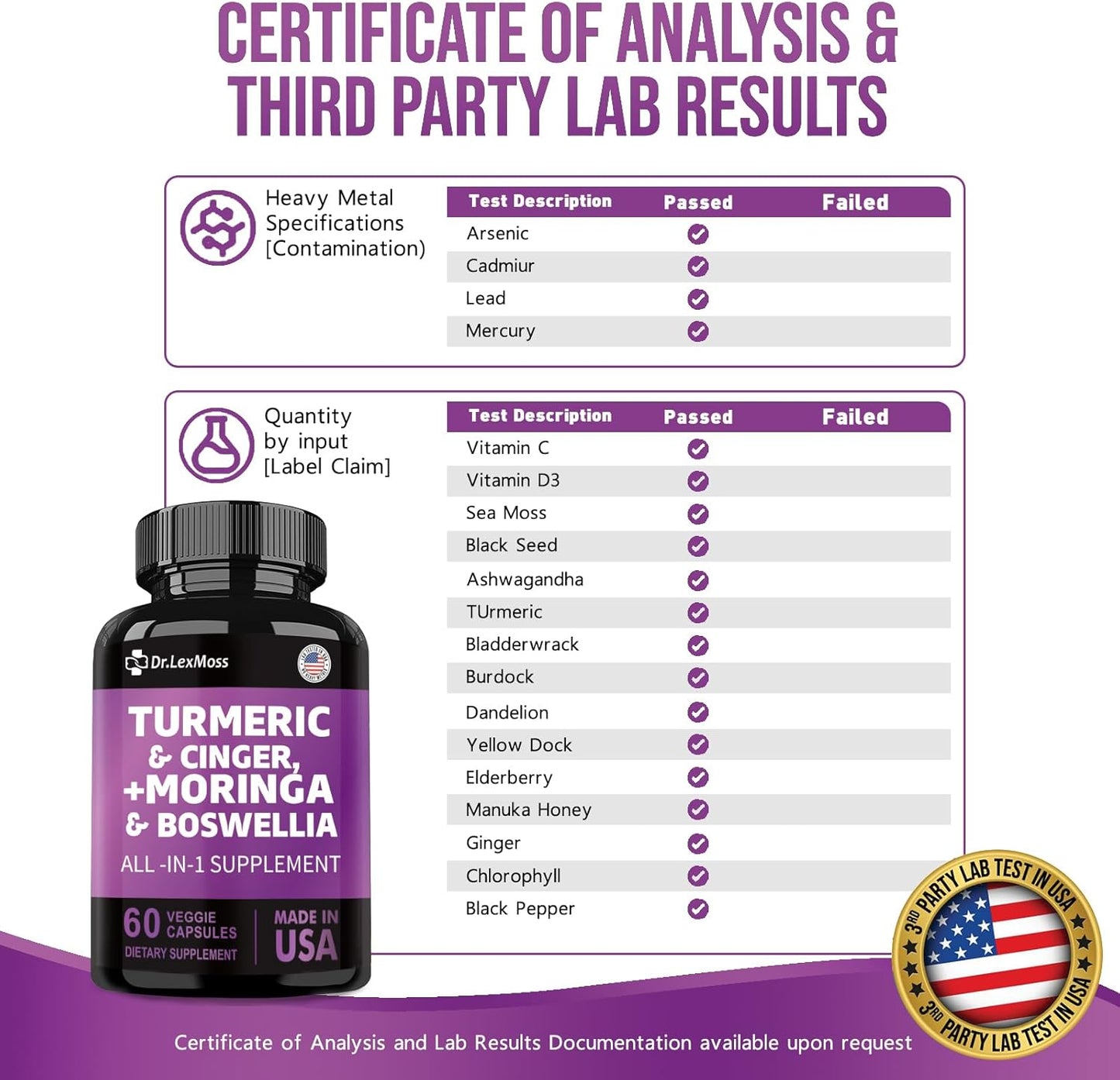Turmeric Curcumin Joint Support Supplement with Ginger, Moringa, Boswellia, Saffron, Ceylon Cinnamon, Quercetin, and Tart Cherry - 60 Capsules