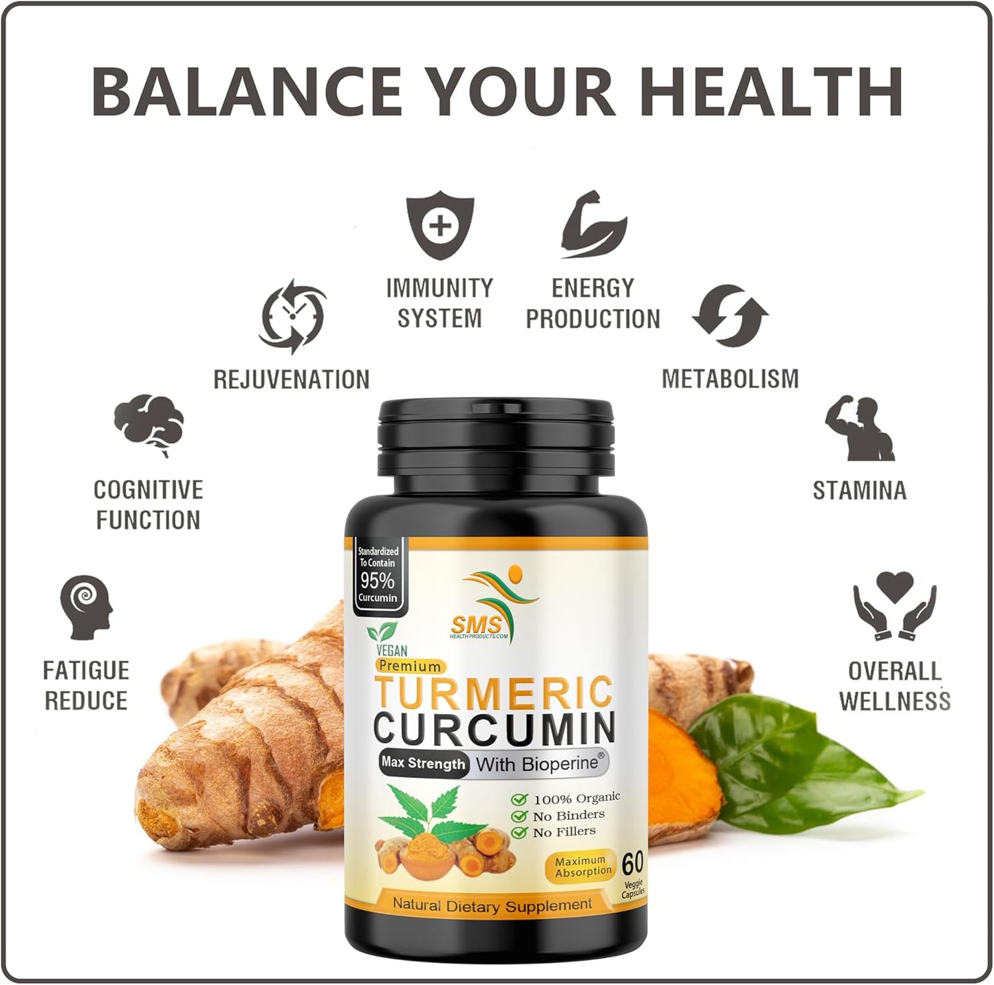 Turmeric Curcumin Pills with BioPerine Black Pepper - 1,000mg 95% Curcuminoids - Tumeric Extract Supplement - 60 Capsules