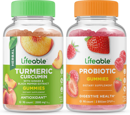 Turmeric Curcumin + Probiotic Gummies Bundle - 2 Billion CFU, Vitamin Supplement, Gluten Free, GMO Free, Chewable Formula