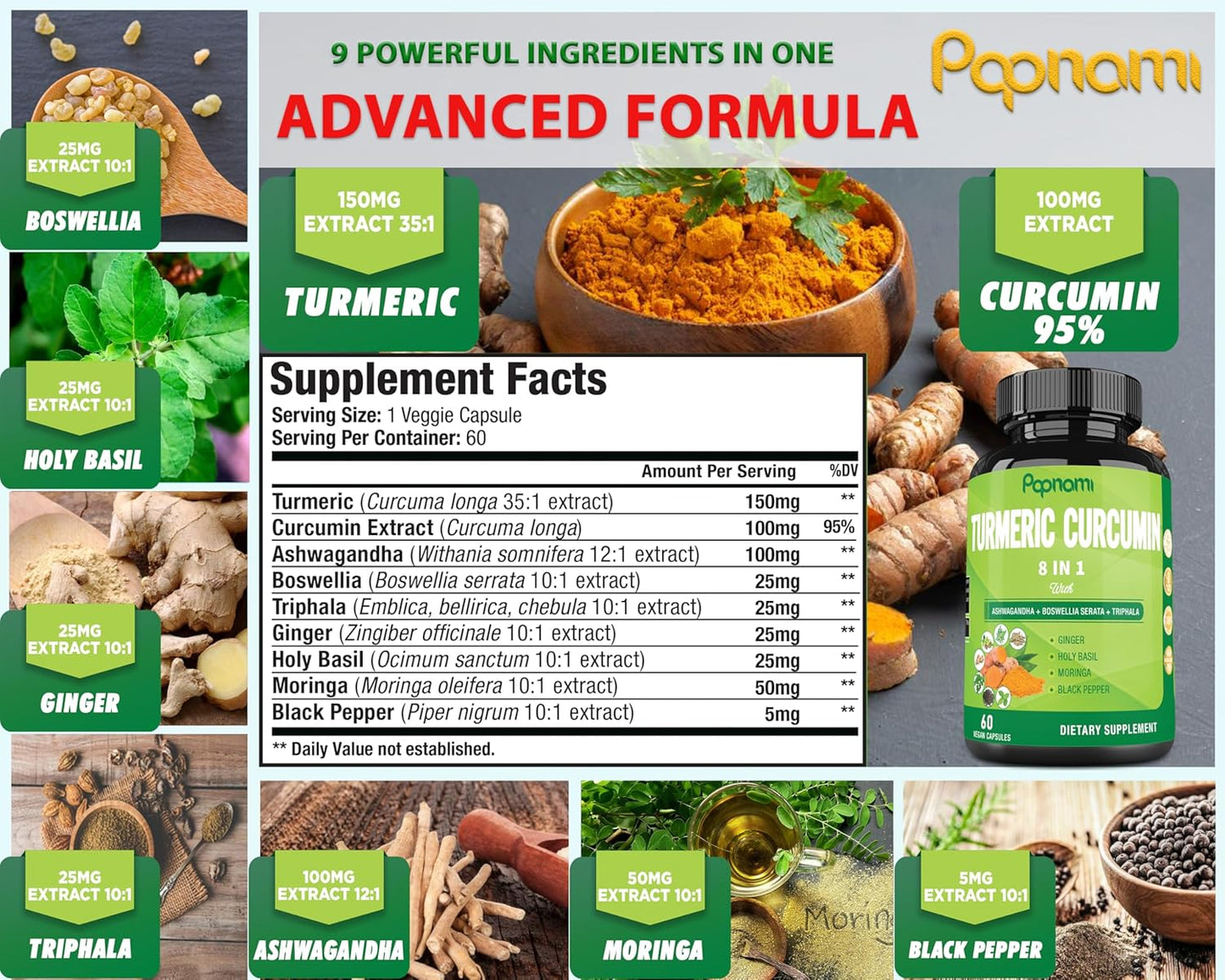 Turmeric Curcumin Supplement 2 Pack (60 Capsules Each) - Immune, Joint, Digestive & Wellness Support - 4 Month Supply with Ashwagandha, Triphala, Moringa
