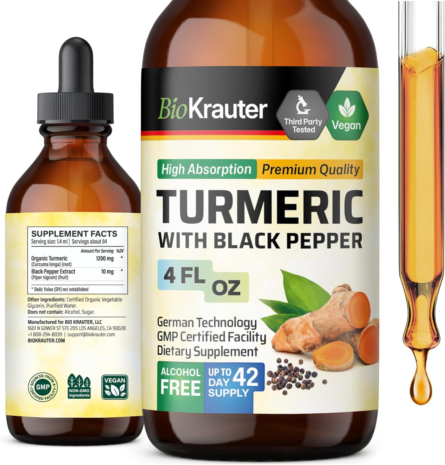 Turmeric Curcumin Supplement Tincture - 1200mg with Black Pepper Extract - Vegan Drops - Alcohol & Sugar Free - 4 Fl.Oz.