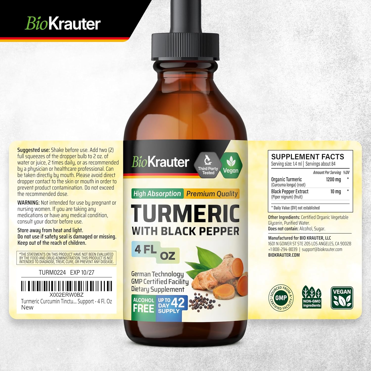 Turmeric Curcumin Supplement Tincture - 1200mg with Black Pepper Extract - Vegan Drops - Alcohol & Sugar Free - 4 Fl.Oz.