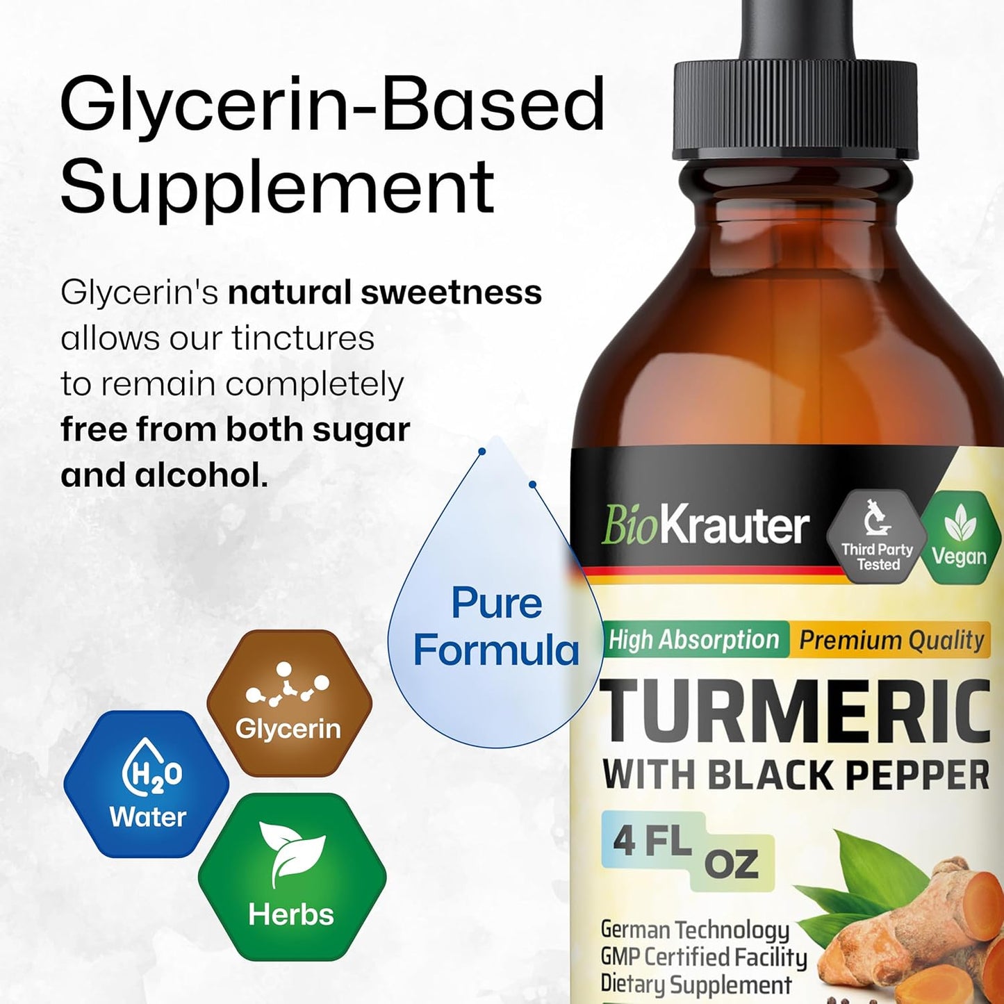 Turmeric Curcumin Supplement Tincture - 1200mg with Black Pepper Extract - Vegan Drops - Alcohol & Sugar Free - 4 Fl.Oz.