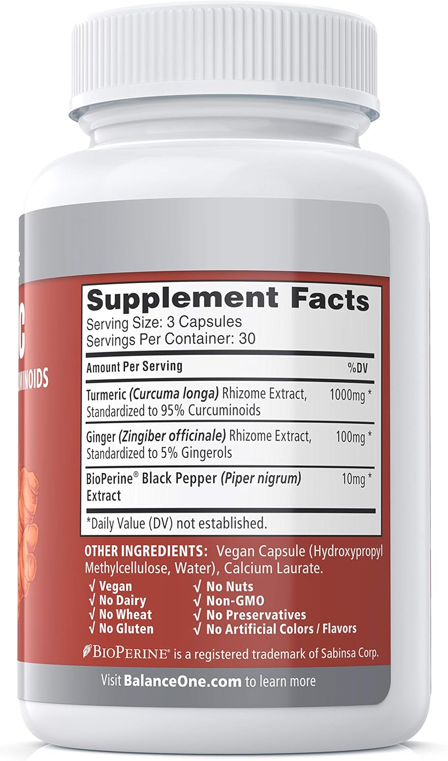 Turmeric Curcumin Supplement with 1000mg Extract, 95% Curcuminoids, Ginger, and BioPerine - Joint & Immune Support - 1 Month Supply