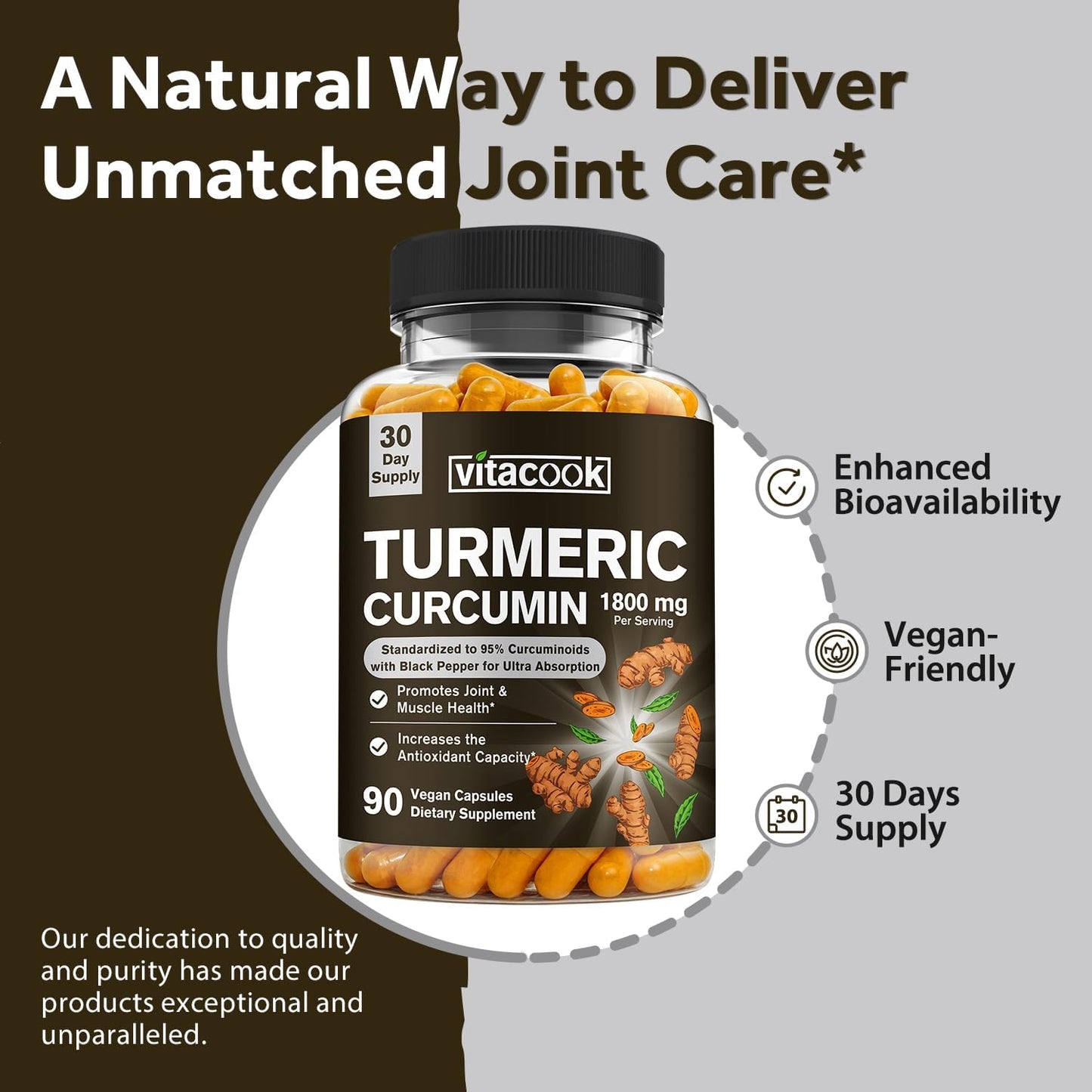 Turmeric Curcumin Supplement with 1800mg and 95% Curcuminoids, Enhanced Absorption with Black Pepper, Vegan Joint Support - 90 Veggie Caps