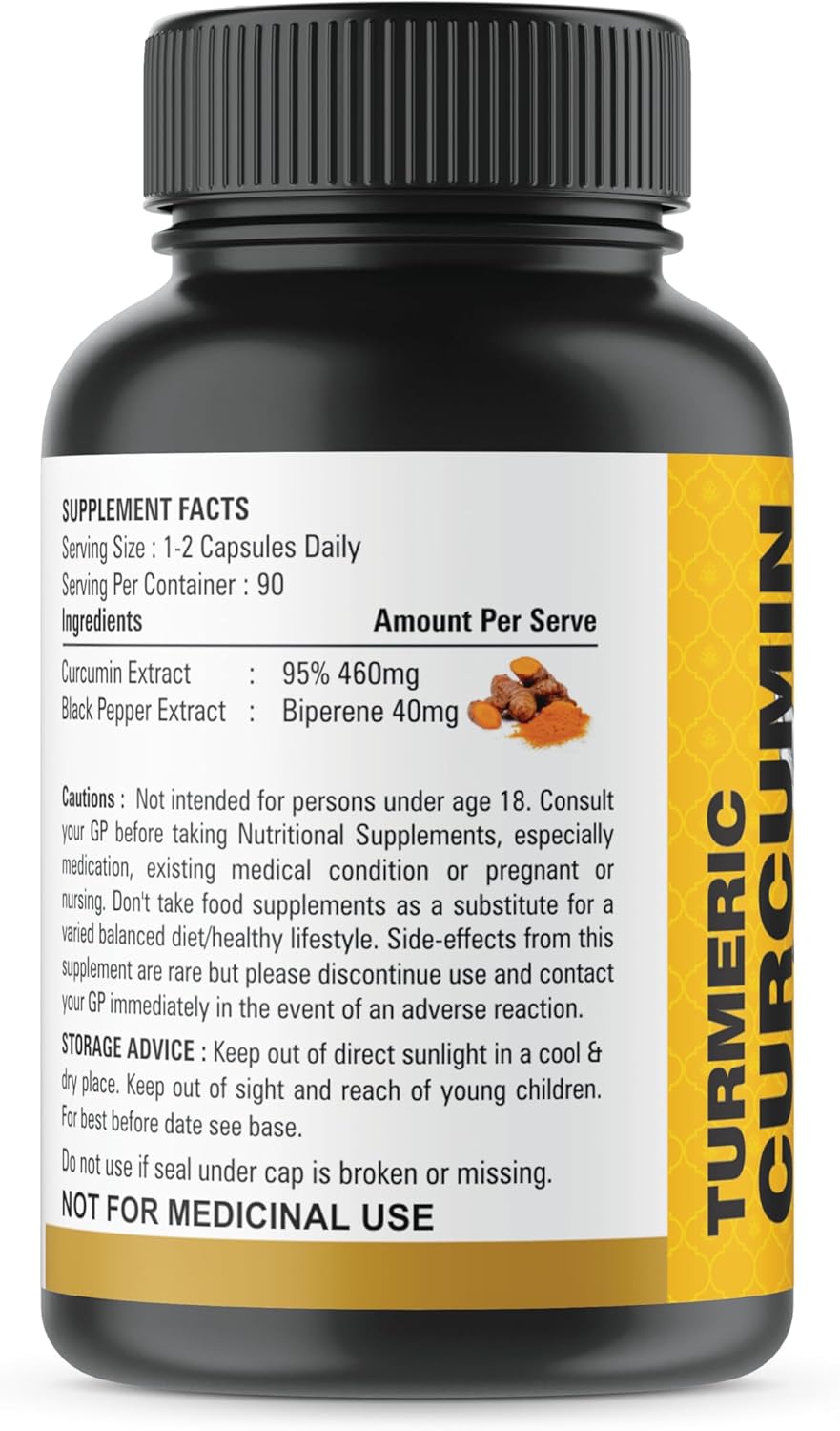 Turmeric Curcumin Supplement with BioPerine 95% Curcuminoids for Joint Support - 500mg Curcumin & Black Pepper - Vegan, Non-GMO - 90 Capsules