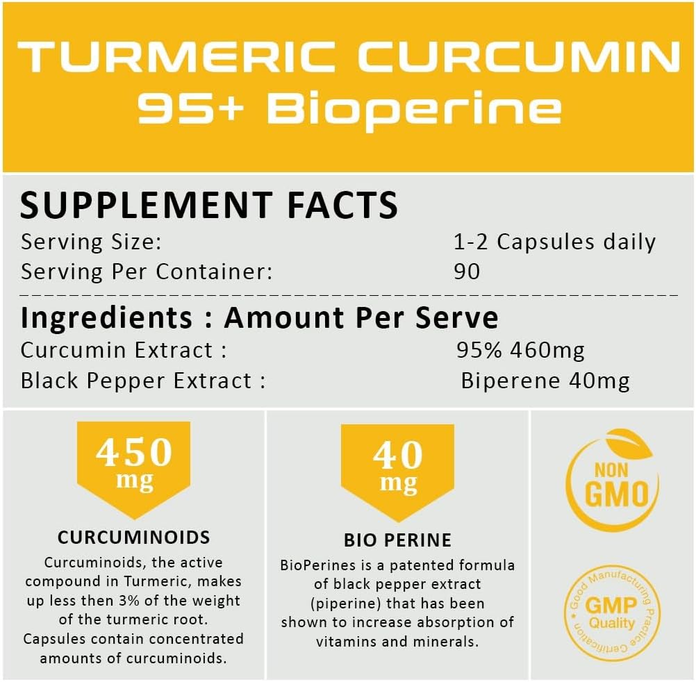 Turmeric Curcumin Supplement with BioPerine 95% Curcuminoids for Joint Support - 500mg Curcumin & Black Pepper - Vegan, Non-GMO - 90 Capsules