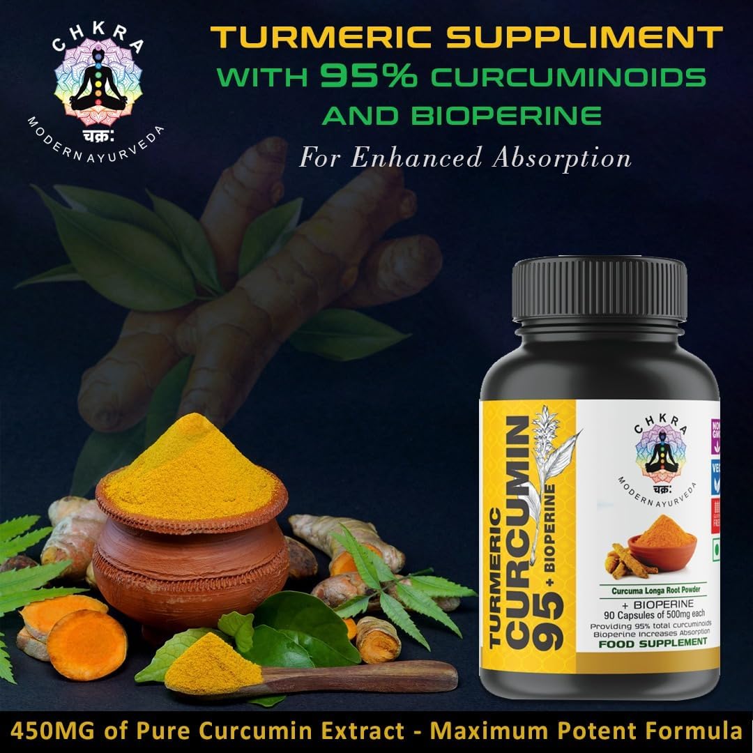 Turmeric Curcumin Supplement with BioPerine 95% Curcuminoids for Joint Support - 500mg Curcumin & Black Pepper - Vegan, Non-GMO - 90 Capsules