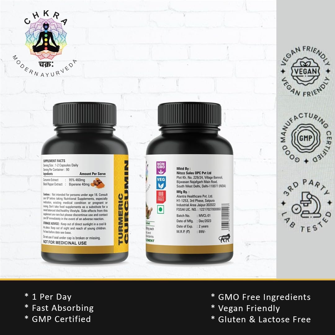 Turmeric Curcumin Supplement with BioPerine 95% Curcuminoids for Joint Support - 500mg Curcumin & Black Pepper - Vegan, Non-GMO - 90 Capsules