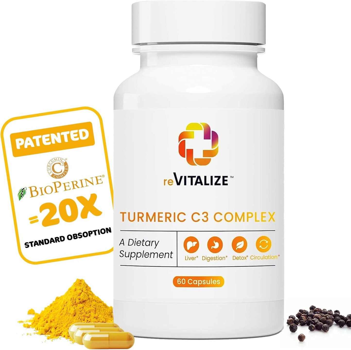 Turmeric Curcumin Supplement with BioPerine for Joint Health - 60 Servings, 500mg Capsules, 475mg Curcuminoids - Promotes Liver Function & Digestion