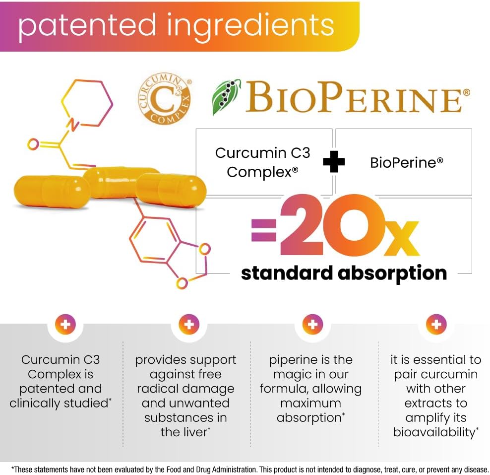 Turmeric Curcumin Supplement with BioPerine for Joint Health - 60 Servings, 500mg Capsules, 475mg Curcuminoids - Promotes Liver Function & Digestion