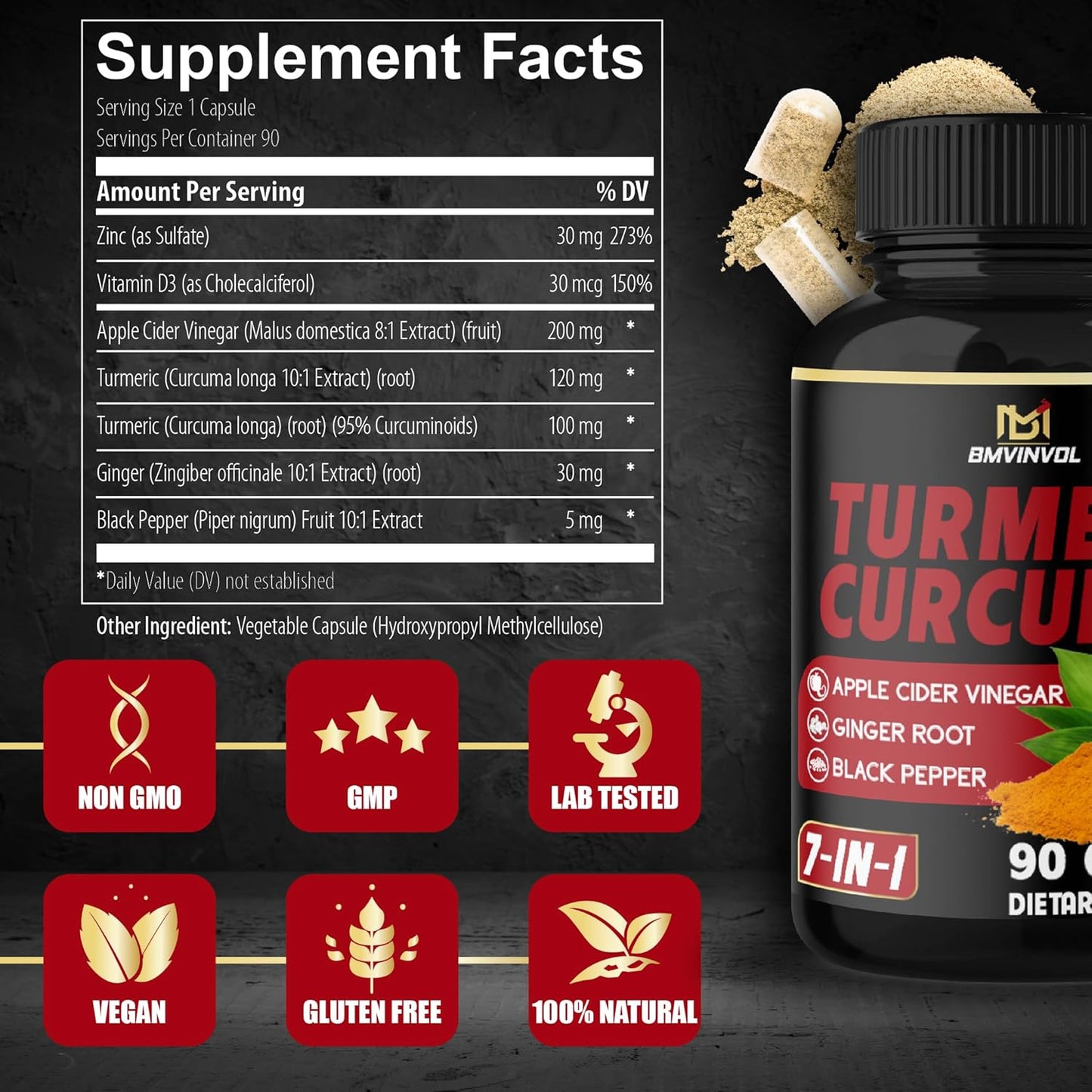 Turmeric Curcumin Supplement with Ginger, Apple Cider Vinegar, Black Pepper - 90 Capsules - 3 Month Supply
