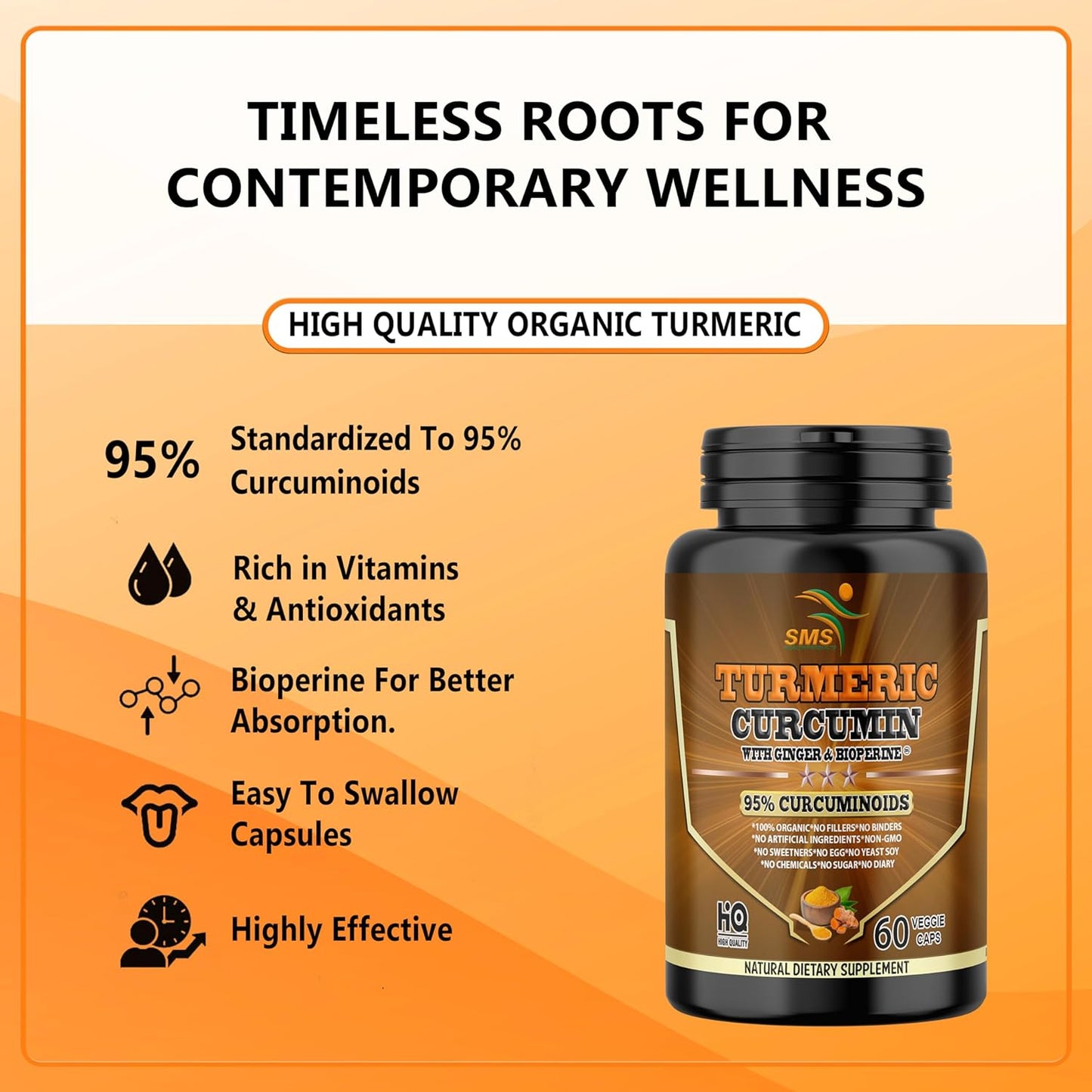 Turmeric Curcumin Supplement with Ginger & BioPerine for Joint Support - 60 Veggie Capsules by SMSHEALTHPRODUCTS