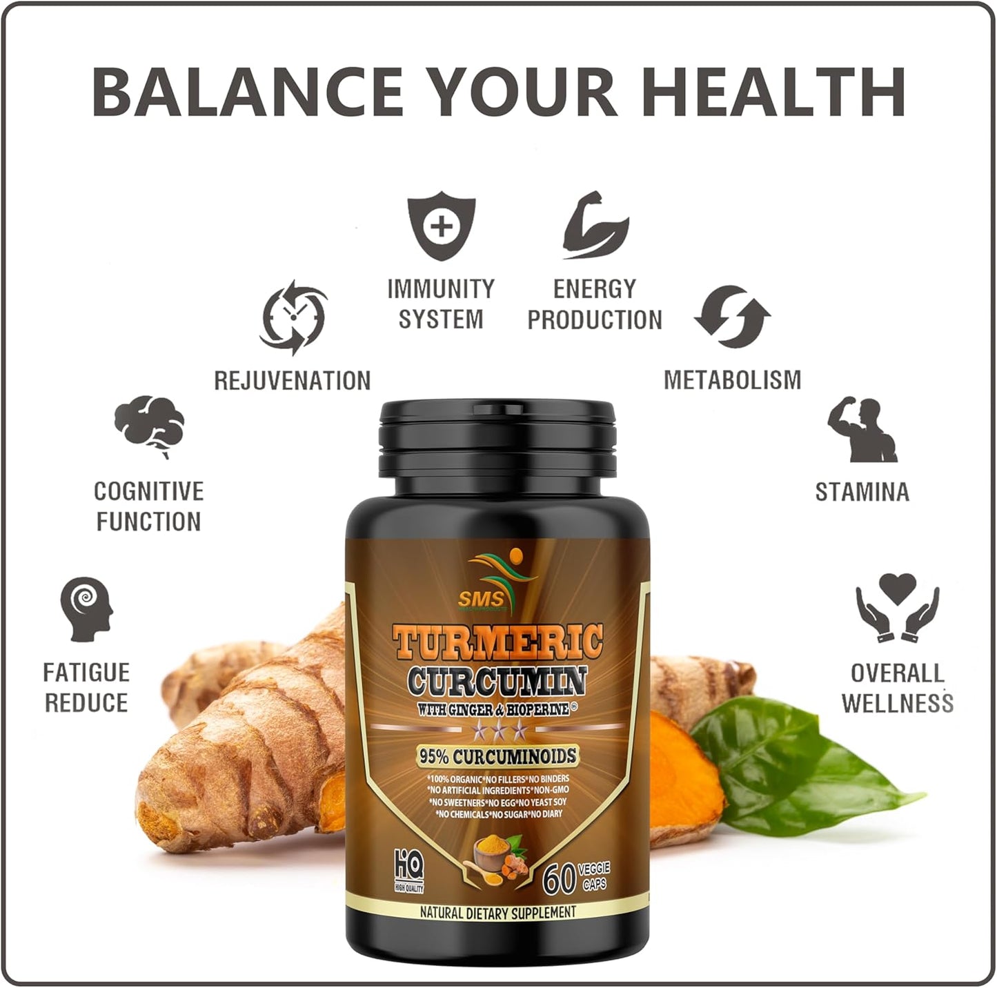 Turmeric Curcumin Supplement with Ginger & BioPerine for Joint Support - 60 Veggie Capsules by SMSHEALTHPRODUCTS