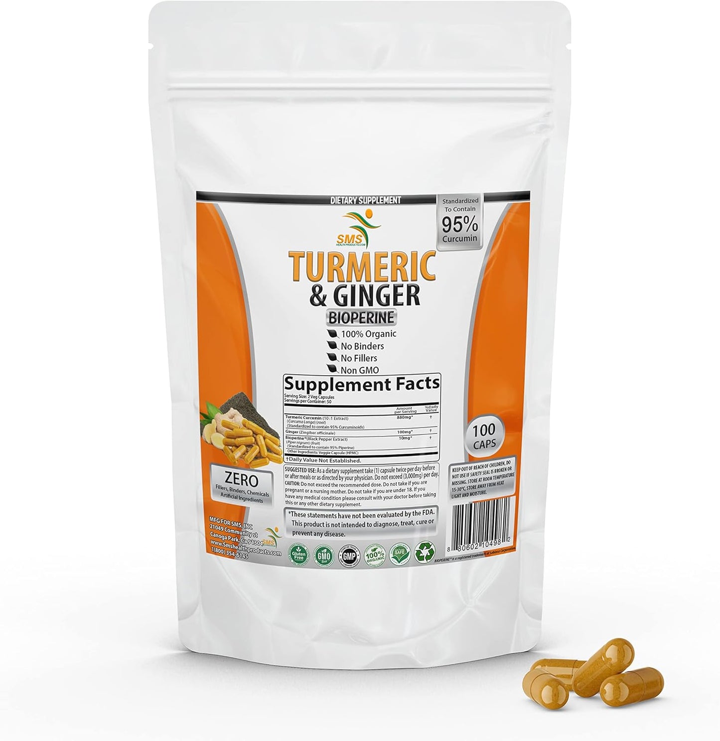 Turmeric Curcumin with Ginger, BioPerine, 95% Curcuminoids, USA-Made - 100 Veg Capsules