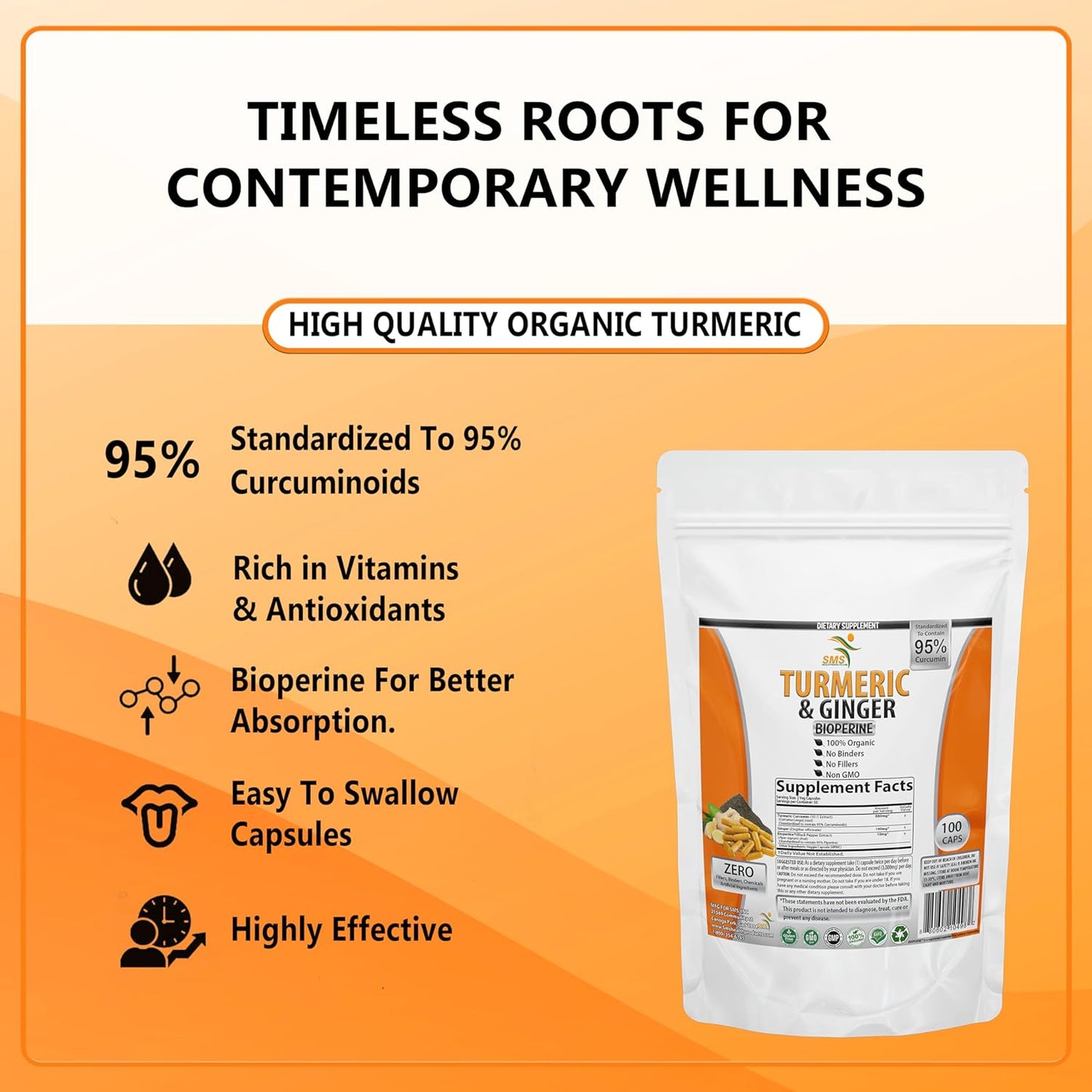 Turmeric Curcumin with Ginger, BioPerine, 95% Curcuminoids, USA-Made - 100 Veg Capsules