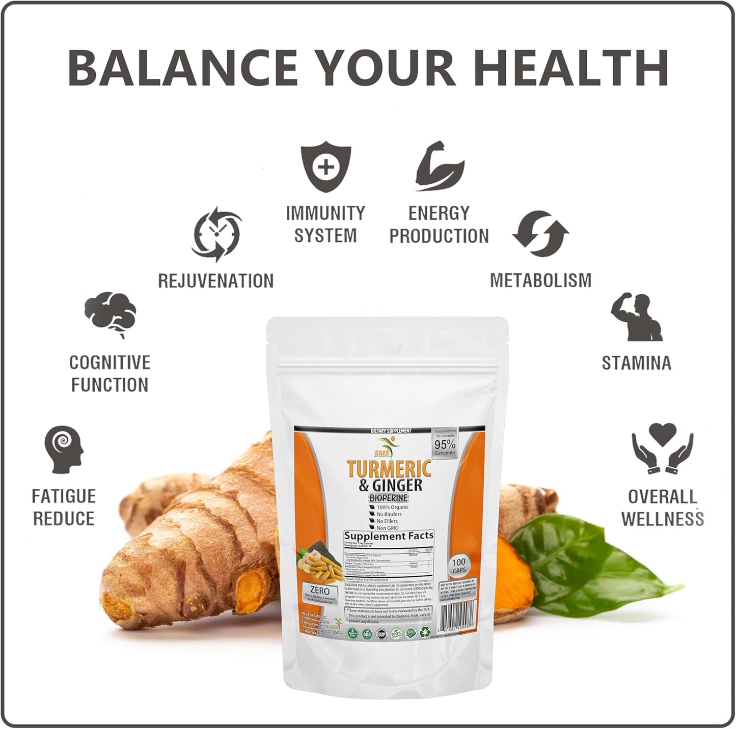 Turmeric Curcumin with Ginger, BioPerine, 95% Curcuminoids, USA-Made - 100 Veg Capsules