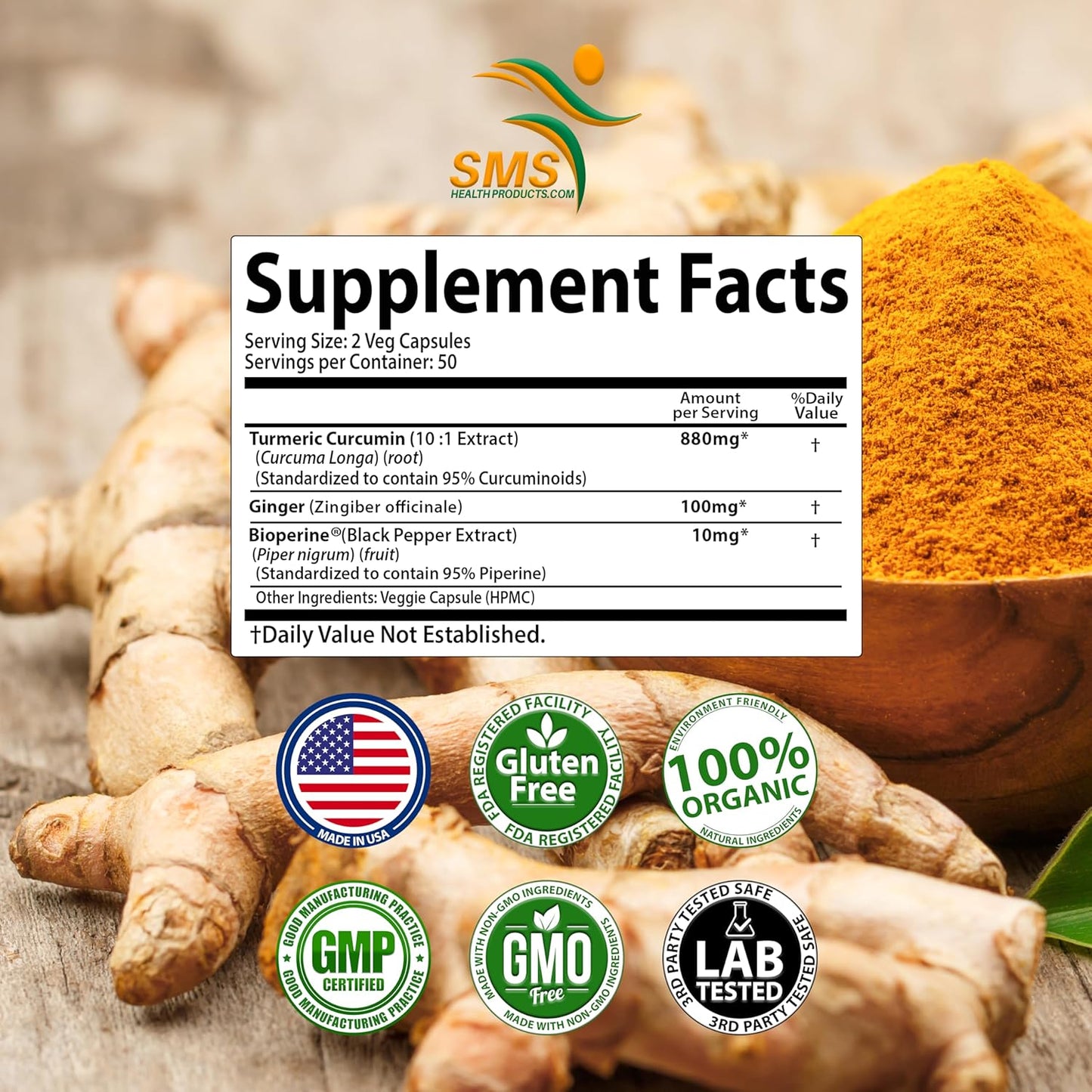 Turmeric Curcumin with Ginger, BioPerine, 95% Curcuminoids, USA-Made - 100 Veg Capsules